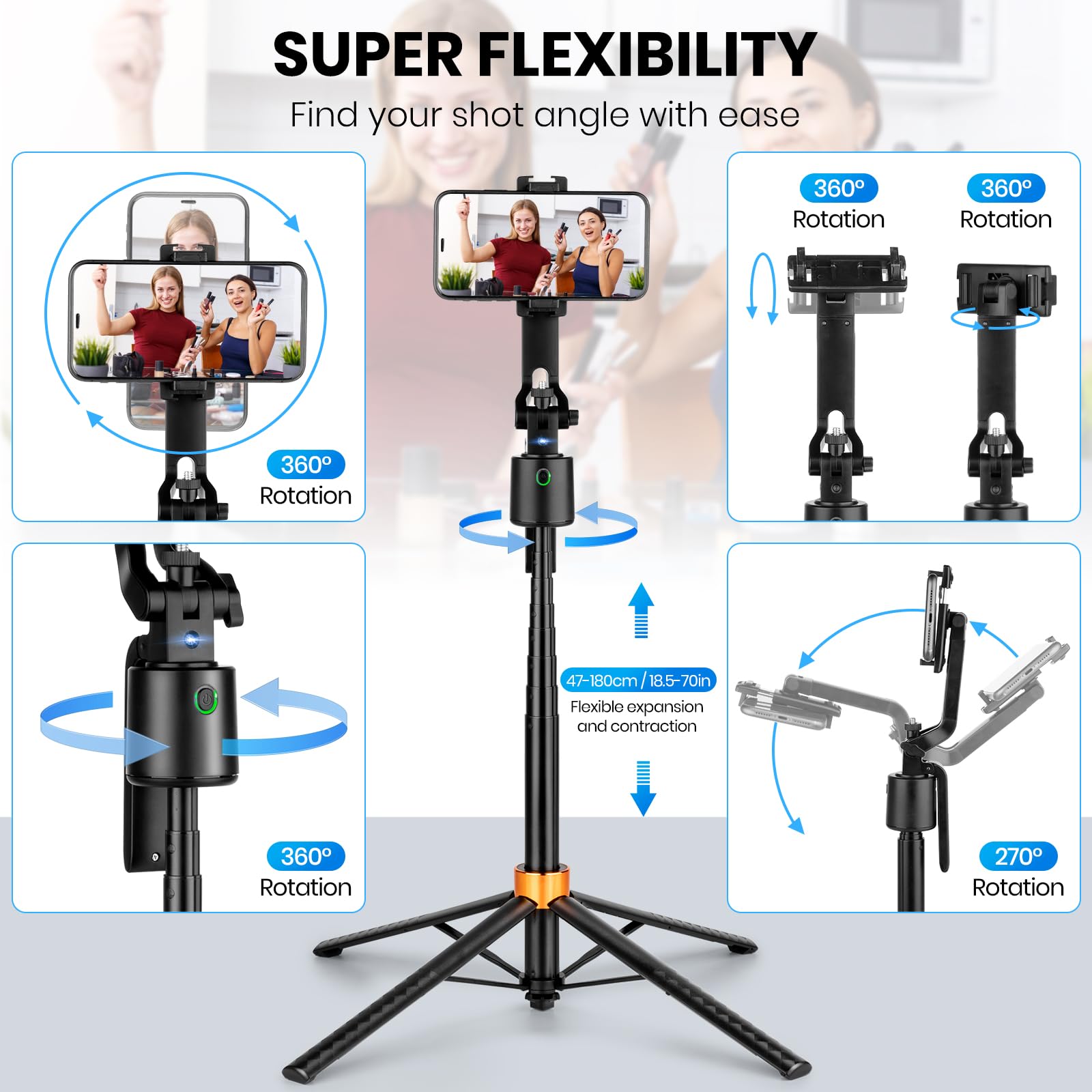 Suteng Auto Face Tracking Tripod 360°Rotation Rechargeable Phone Tripod Stand 70" Extendable Smart Shooting Phone Stand With Remote And Gesture Control, No App, For Iphone Vlog Live Video Recording.