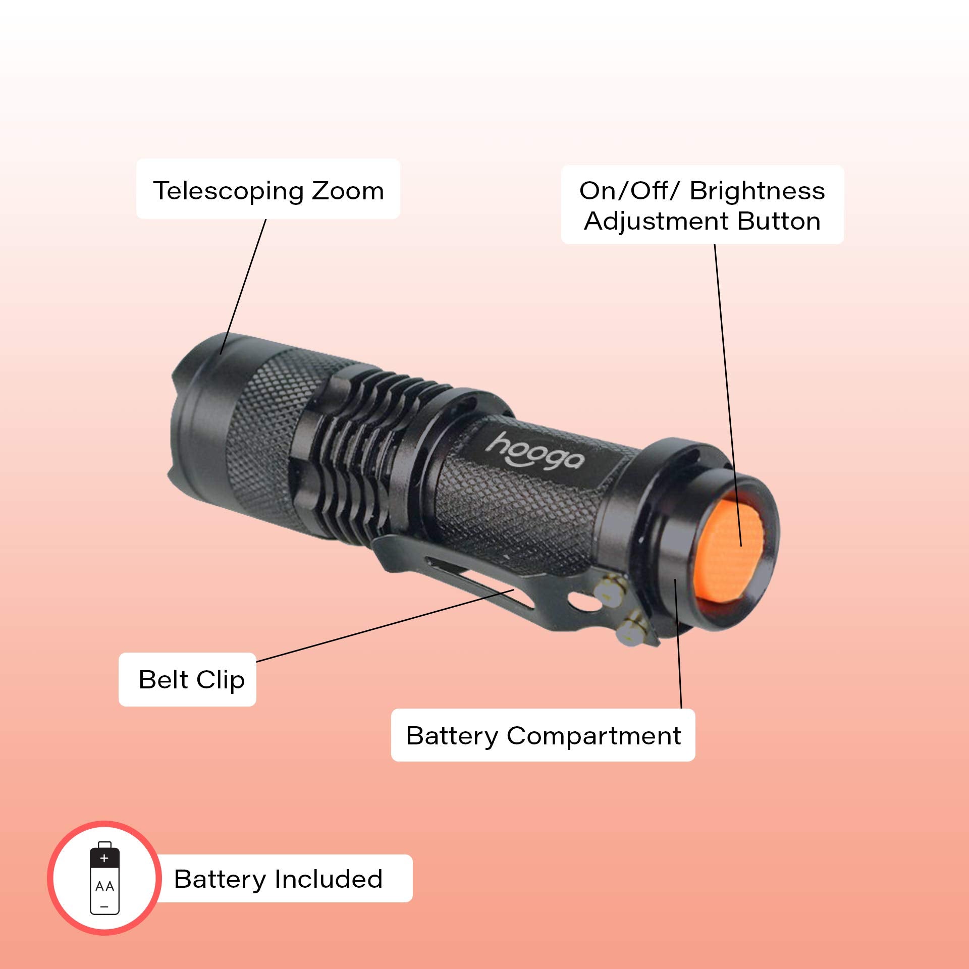 Hooga Led Flashlight, Blue Light Blocking, Amber Flashlight 1600K Warm Light For Eye Care, Sleep Aid. Aa Battery Included. Adjustable Brightness. Great For Hunting, Camping, Aviation. 2-Pack