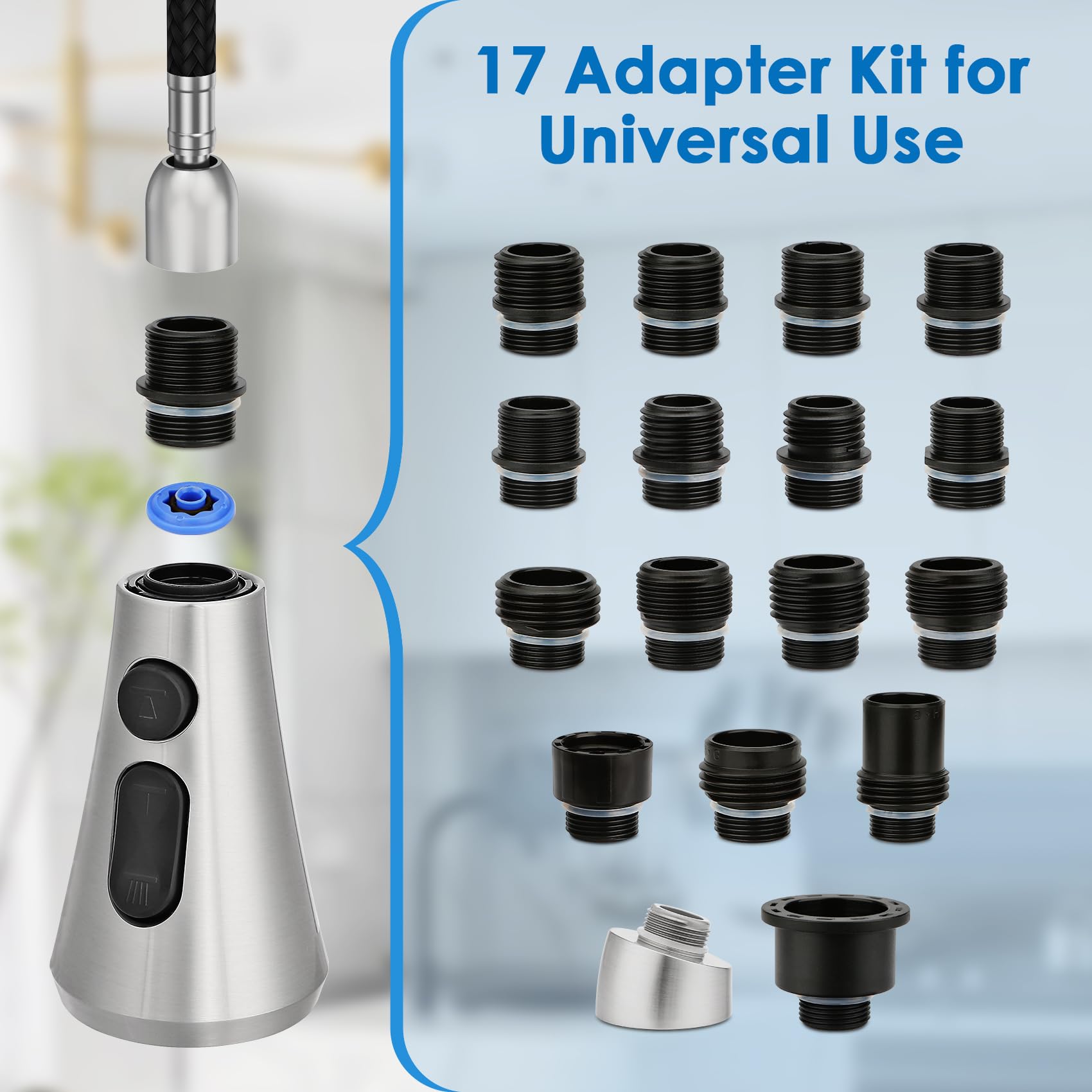 Horher Kitchen Faucet Head Replacement With 17 Adapters, Sink Faucet Head 3 Modes, Pull Down Spray Head G 1/2 For Kitchen Faucet, Compatible With Moen，Delta, Kohler Faucets, Brushed Nickel