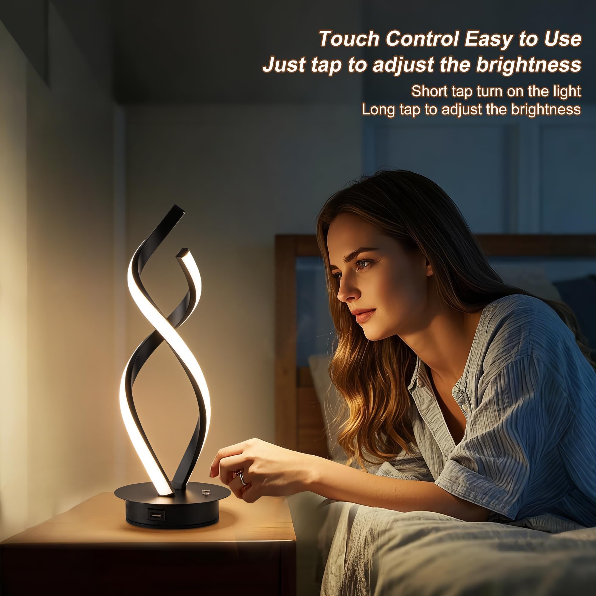 Adebime Modern Spiral Touch Lamp - Warm White Led Nightstand Light, Adjustable Brightness For Home And Office, Black