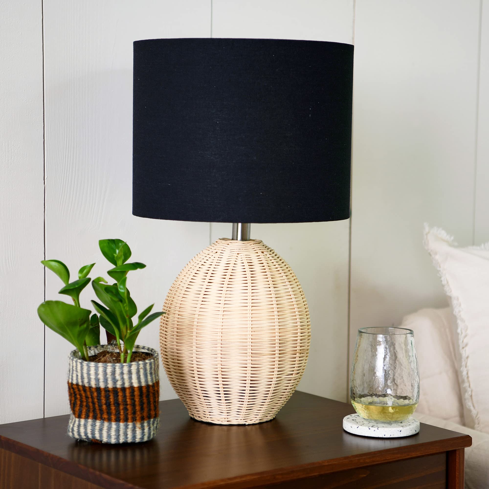 Main + Mesa Boho Woven Rattan Table Lamp With Black Linen Shade, Natural