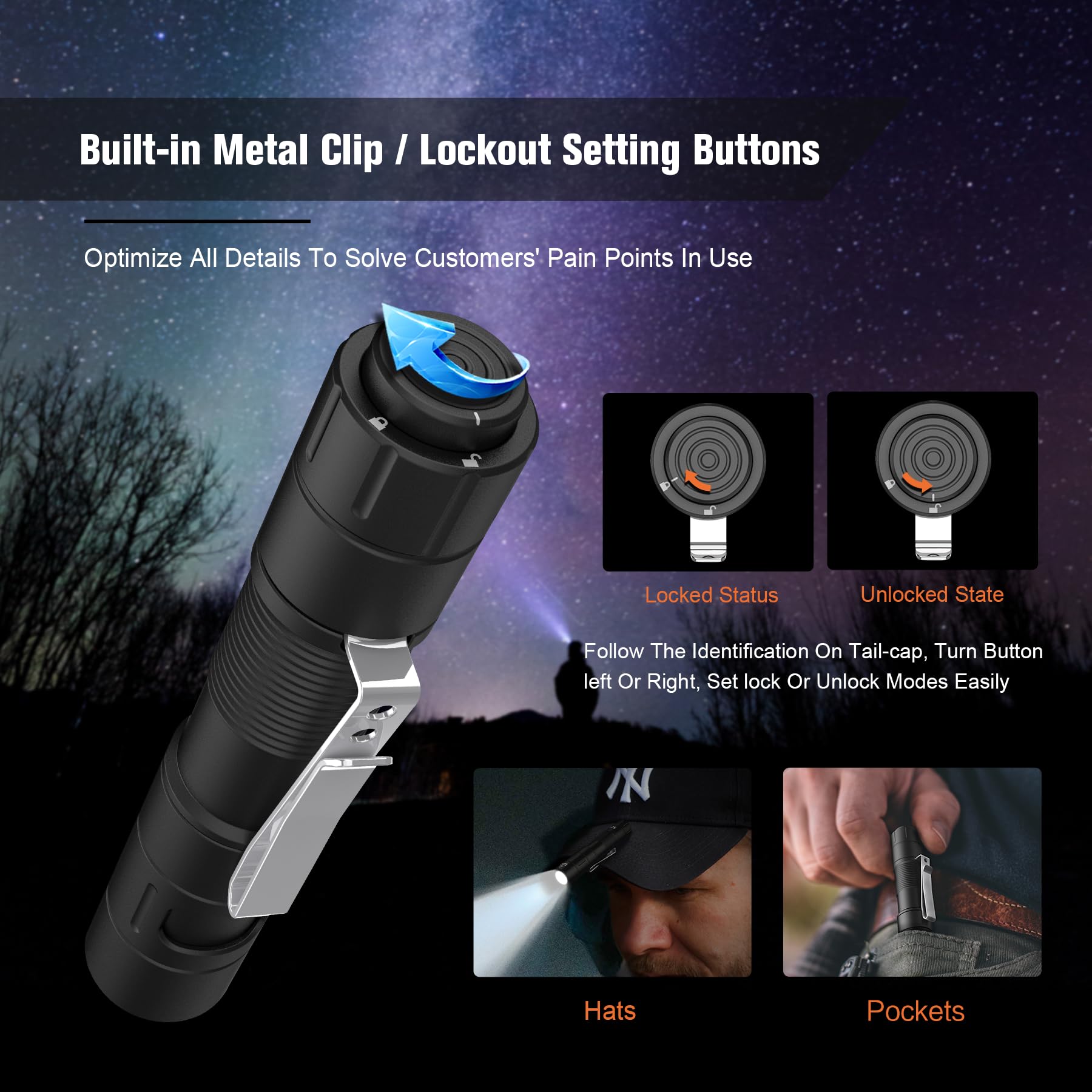 Fzh S21 Rechargeable Led Flashlight 880 Lumen Mini Edc Tail Switch Flashlight (Powered By Usb Rechargeable Battery), Slim Pocket Flash Light With On/Off Locking Mode For Camping, Outdoor, Emergency