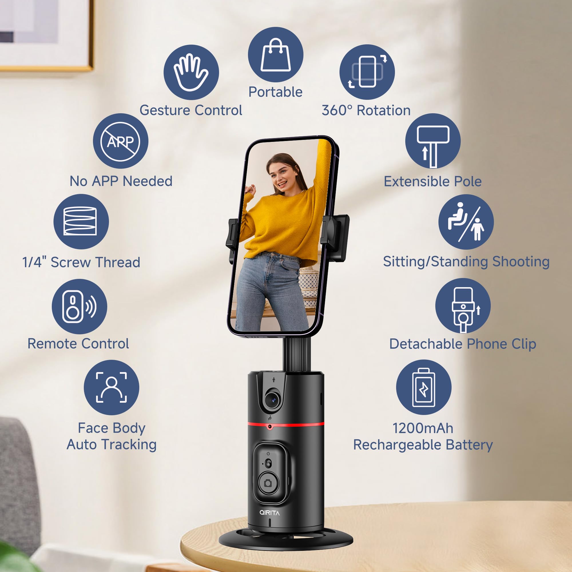 Qirita Auto Face Tracking Tripod, No App, Smart Shooting Phone Holder With Remote, 360° Rotation Body Phone Camera Mount Extendable Body Smart Tracking Tripod For Vlog/Tik Tok, Rechargeable Battery (Black)