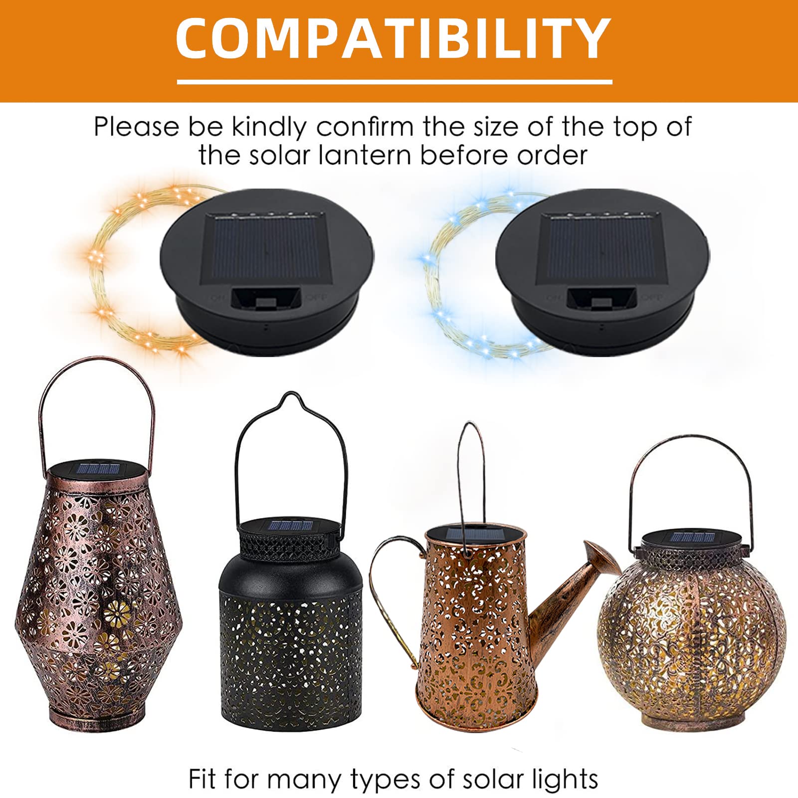 Hdoomn Solar-Replacement Top Lantern Waterproof String - 2 Packs Round Panels Copper Wire Accessories For Garden Watering Can Lights Outdoor Handling Lantern Diy Patio Housewarming Decorations (Cold/Warm)
