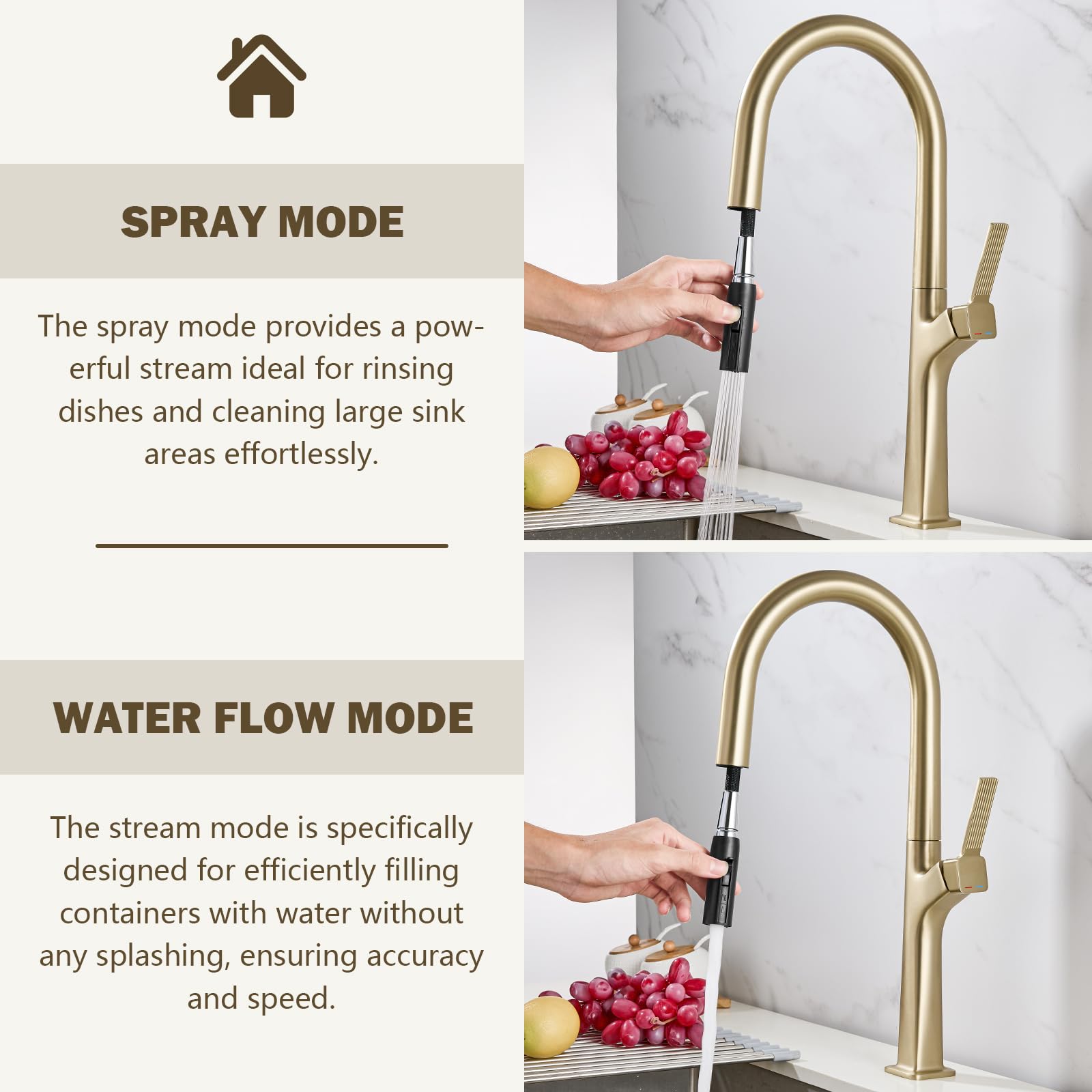 Aection Brushed Gold Kitchen Faucet With Pull-Down Sprayer, High Arc Brass Single Handle Faucet Fits 1 Hole Kitchen Sinks, Bars, Rvs, And Laundry Rooms (Without Deck Plate)