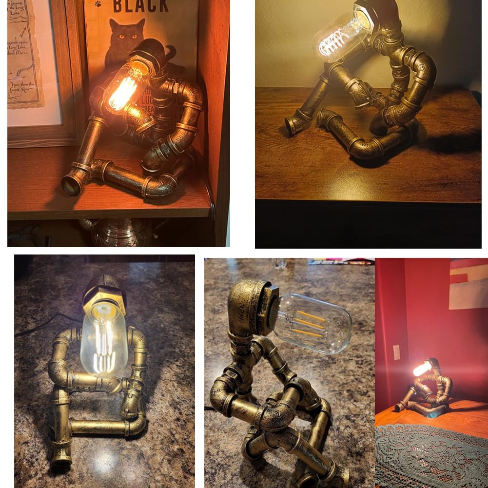 Pupery Steampunk Table Robot Lamps With 2 Bulbs,Retro Industrial Robot Desk Lamps Water Pipe Light For Office,Bedroom,Living Room In Bronze