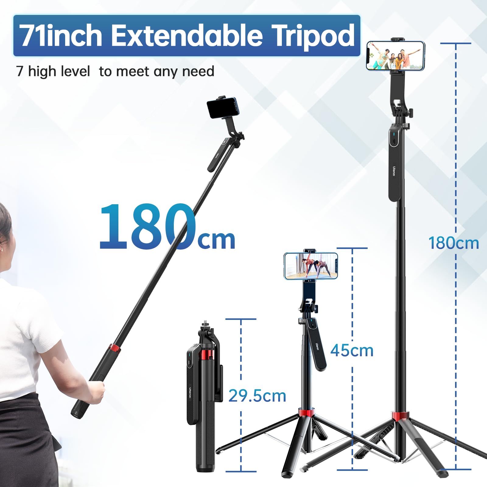 Ulanzi Ma09 Selfie Stick Tripod, 71'' Extendable Phone Tripod With Remote, Portable Cellphone Stand Quadrapod For Iphone/Samsung/Camera/Gopro