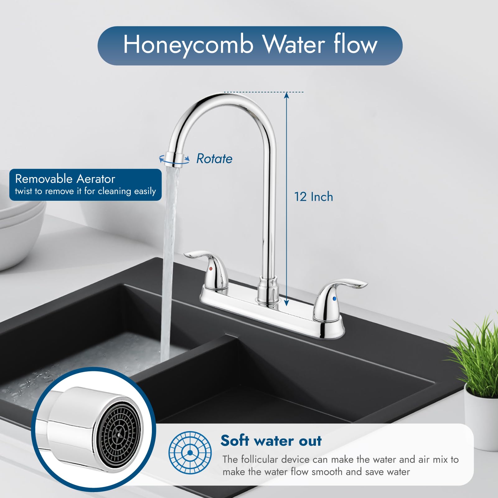 Cinwiny 8 Inch Kitchen Sink Faucet Deck Mounted 3 Hole 2 Handle Kitchen Faucets High-Arc 360 Degree Swivel Spout With Supply Lines,Polish Chrome