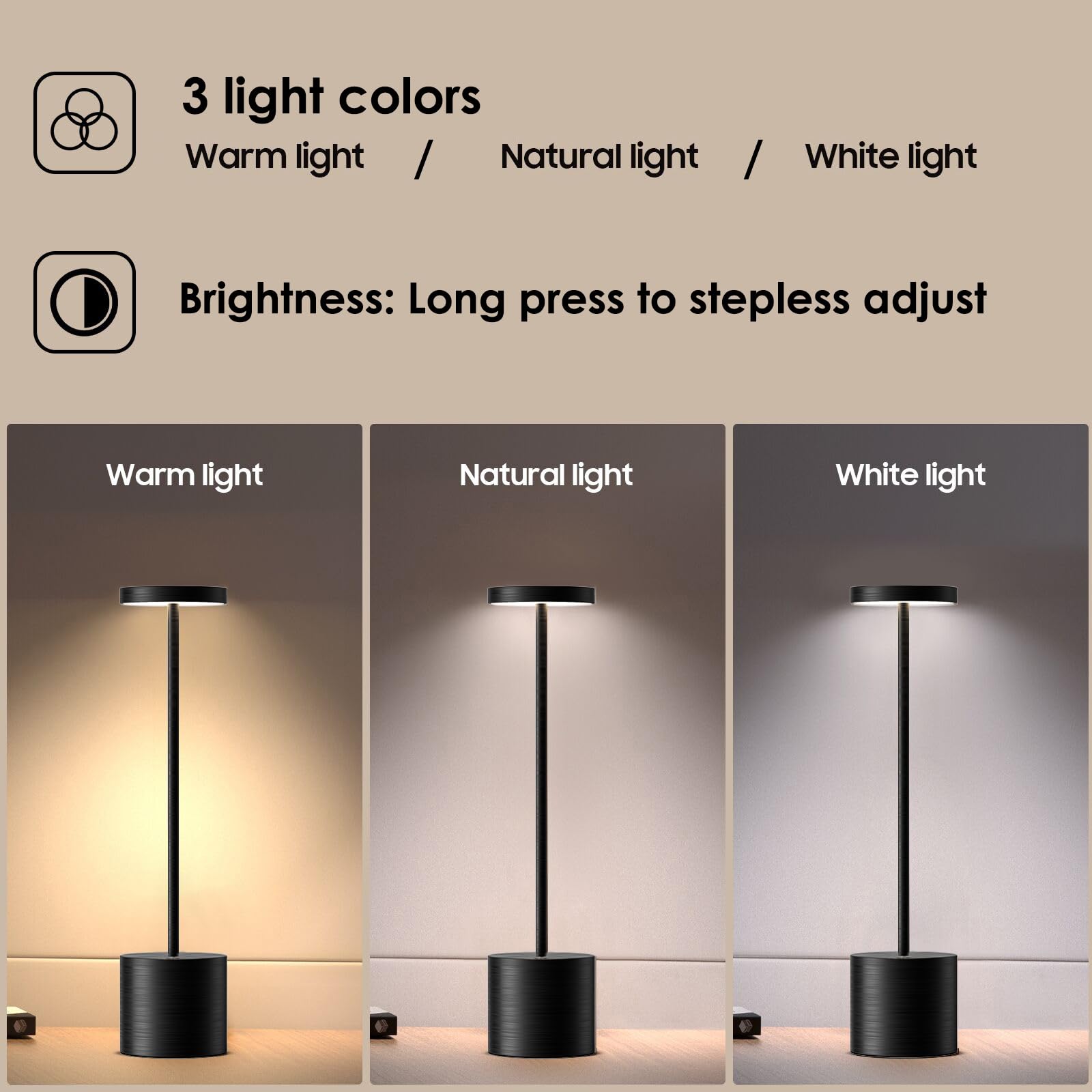 Jalvde Cordless Table Lamp, 3-Levels Light Stepless Dimming Brightness Rechargeable 6000 Mah Battery Cordless Led 13.5 Inches Lamps Top Slim Luxury Dinner Lamp (2X Brushed Black)