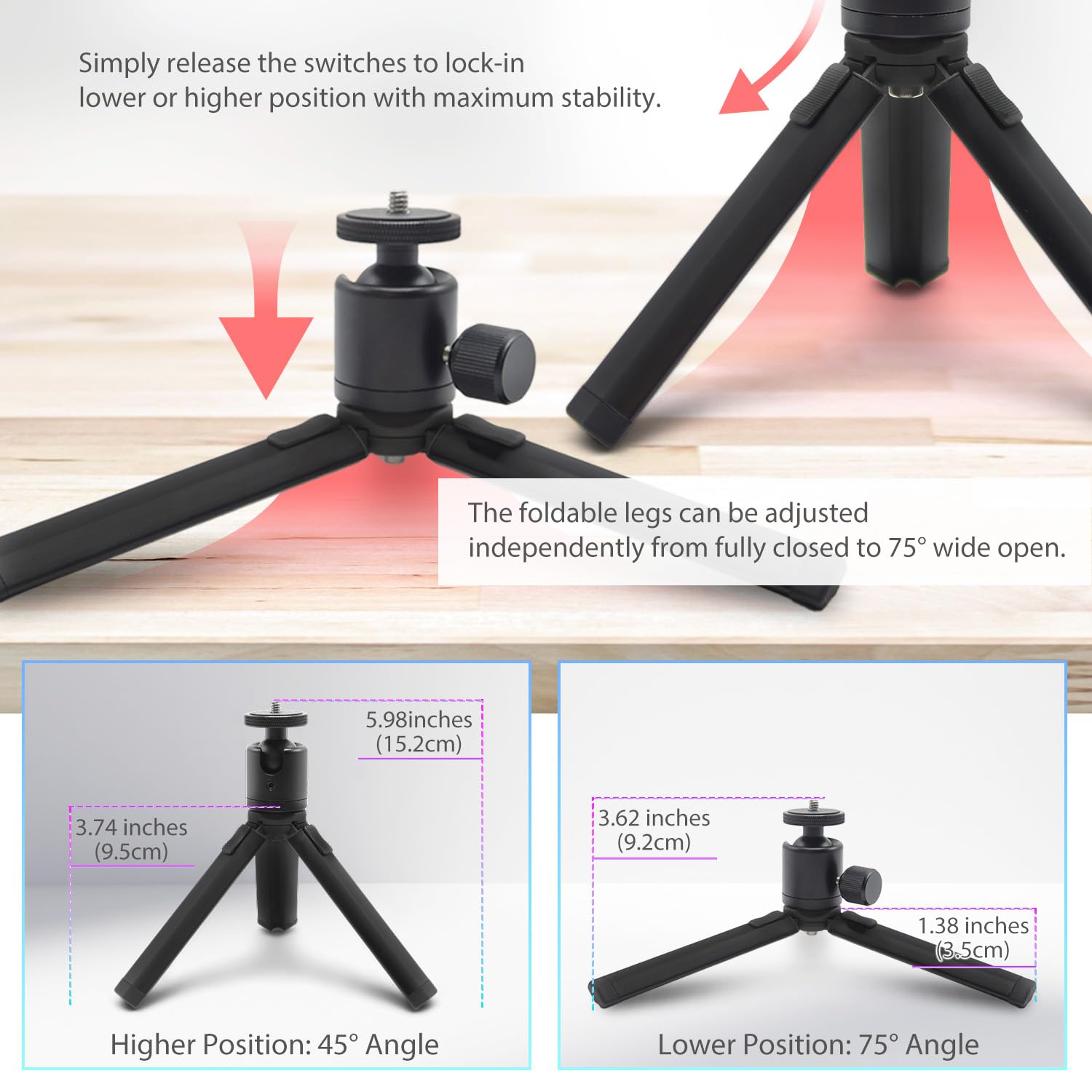 Kado Metal Portable Monitor Stand Tripod Premium Durable, 100X100Mm 75X75Mm Wall Mount Arm Mount Adapater Plate, 360° Ball Head And 1/4" Screw Compact For Phone, Tablet, Projector, Camera And Webcam