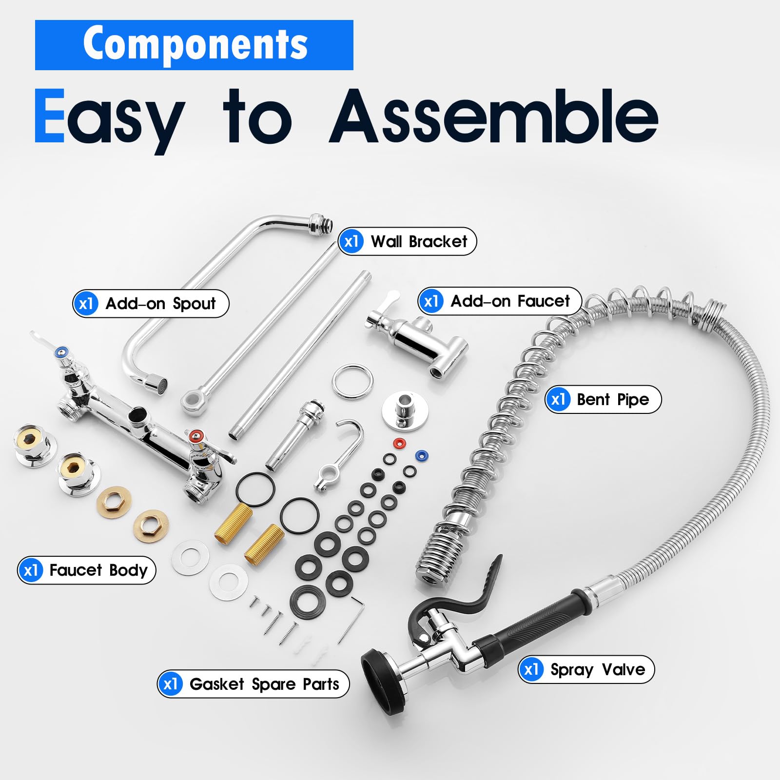 Oierzin Commercial Faucet Wall Mount With Sprayer 36" Height, 8 Inch Center Brass Constructed Wall Mount Kitchen Sink Commercial Faucet With Pull Down Pre Rinse Sprayer And 12" Add-On Spout