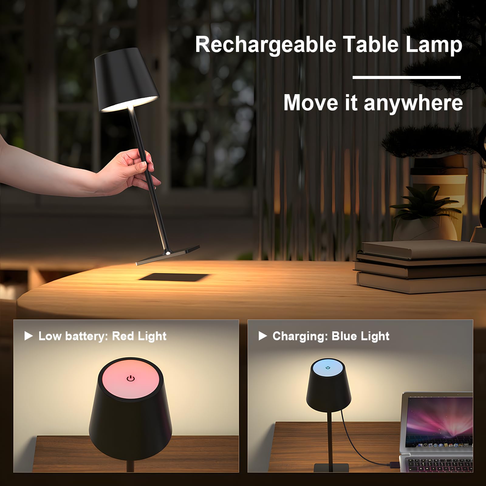 Mojimdo Cordless Table Lamp, Dimmable 64 Leds Desk Light [1700K/4500K/6000K With Stepless] 5000Mah Rechargeable Table Lamps For Living Room Bedroom Nightstand Beside Table Restaurant Party Cafe Bar