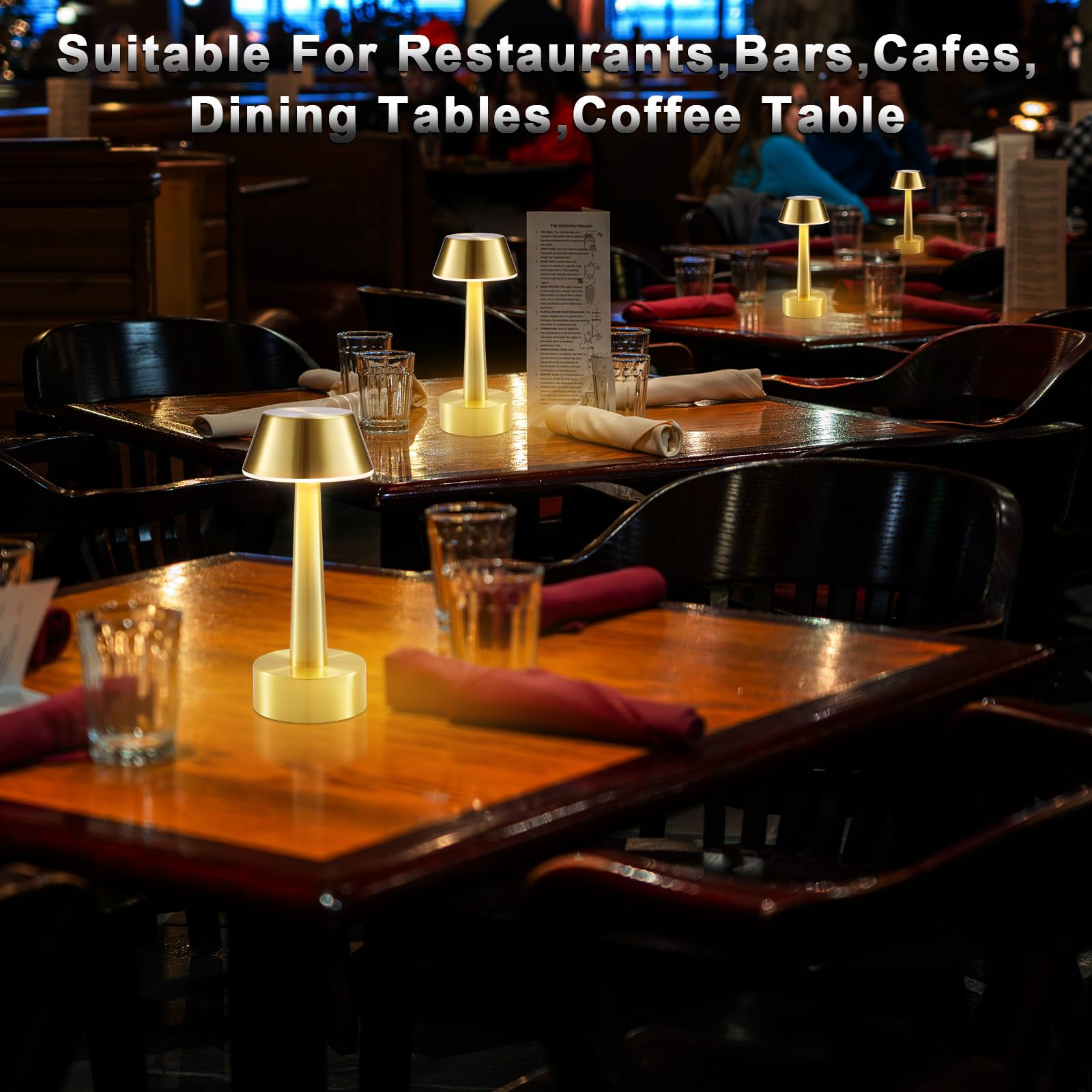 Intelive 2 Pack Small Cordless Table Lamp, Battery Operated Gold Lamp For Restaurant Dinner Table, Rechargeable 3-Way Dimmable Touch Light Portable Metal Night Light For Bedside Dining Room Patio Bar Outdoor