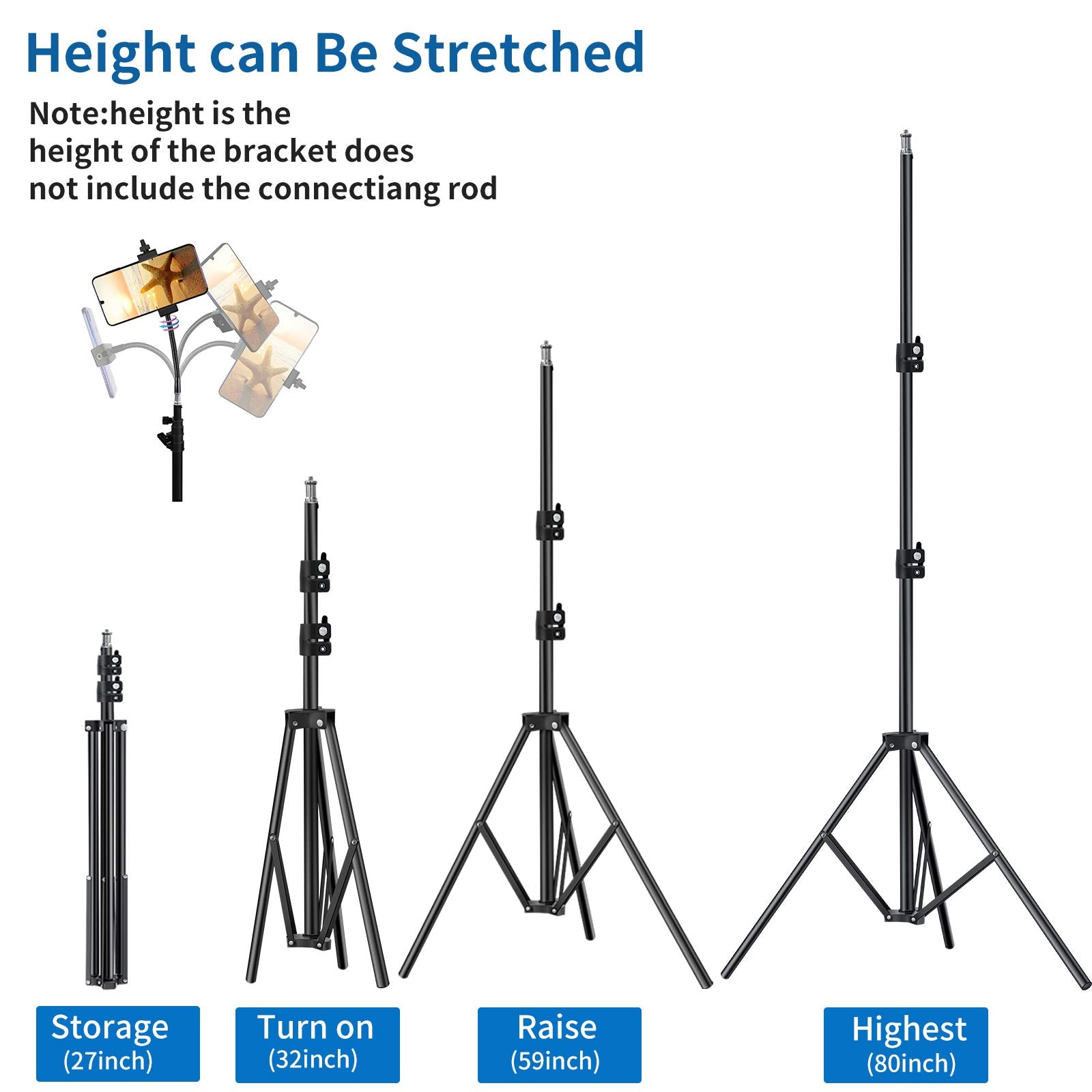 Pixel Adjustable Cell Phone Tripod 27Inch To 80Inch For Iphone & Camera Video Recording Vlogging/Streaming/Photography Rotatable Stand