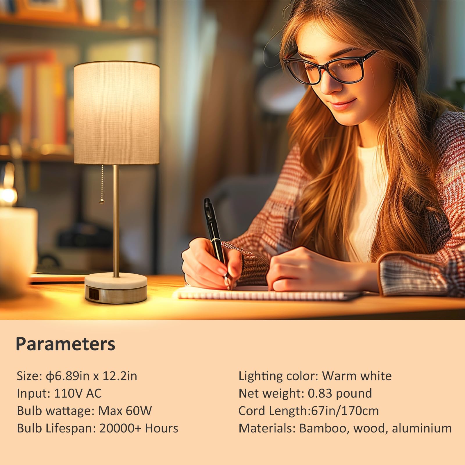 Velxee Marble Table Lamp, Bedside Lamps With Pull Chain For Bedroom, Lamp For Night Stands With Usb Ports And Square Shade For Living Room Home Decor, Bulb Included