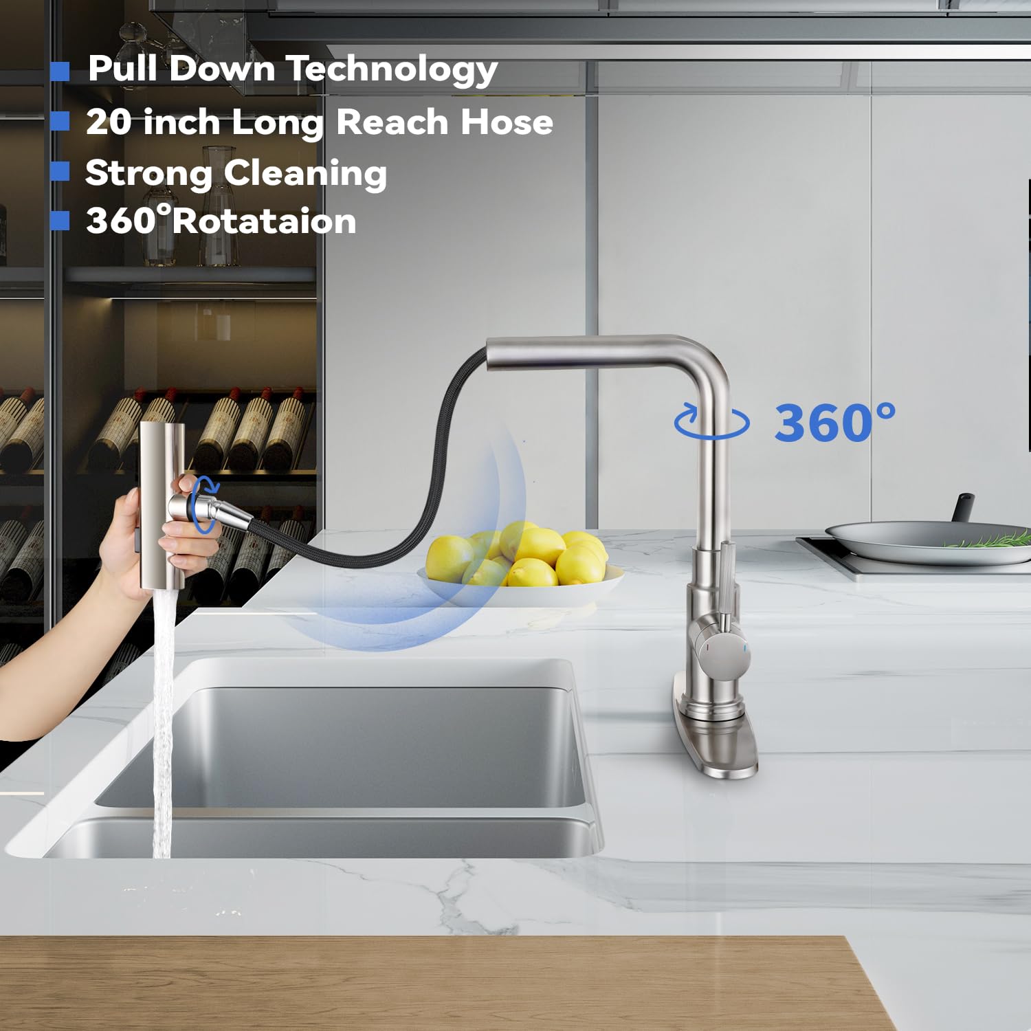 Deseegoal Waterfall Kitchen Faucets With Pull Down Sprayer, Three Function Sprayer Single Handle Sink Faucet 1 Or 3 Hole Installation, 360°Rotatable Kitchen Sink Faucet, Brushed Nickel