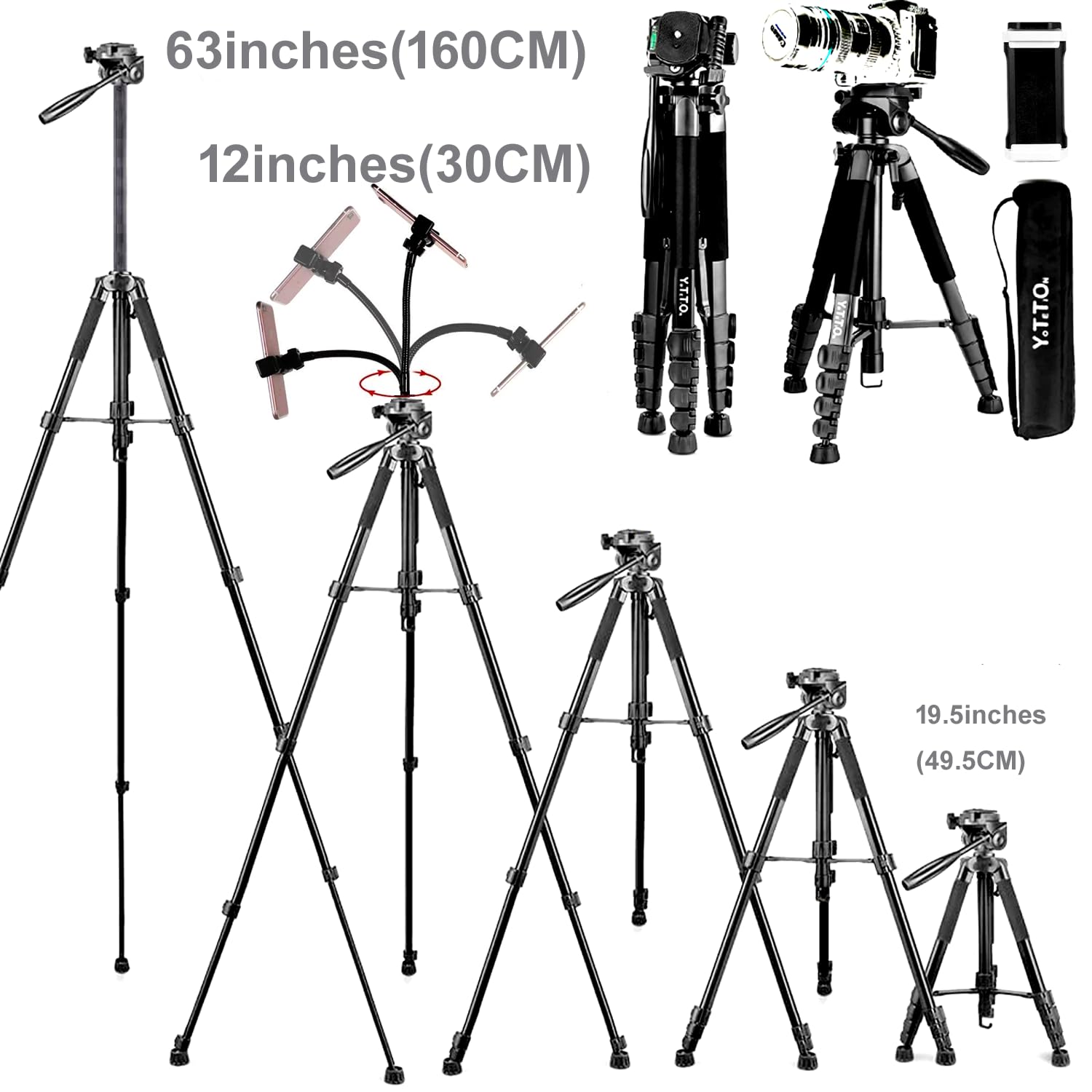Yotetion 75 Inch Aluminum Phone & Camera Tripod With Gooseneck Stand, Extendable Cell Phone Tripod Stand Compatible With Iphone/Android/Action Camera Is Perfect For Live Streaming/Video Recording/Selfies