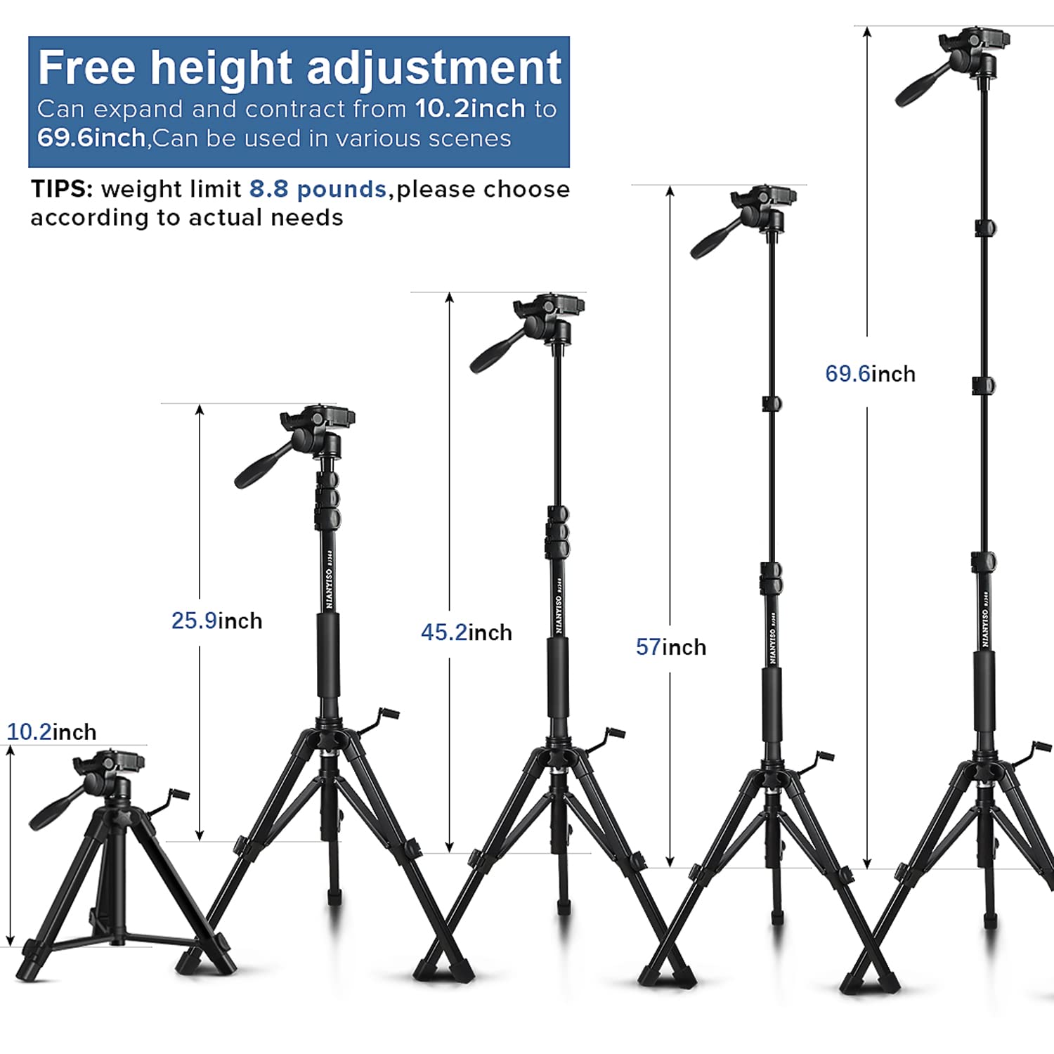 Nianyiso Camera Tripod 69 Inch, Patented 3-Way Swivel Portable Phone Tripod Professional Aluminum Alloy Travel Phone Camera Stand Monopod For Canon Nikon Gopro Dslr, Dv Video Camcorder, Smartphone Black