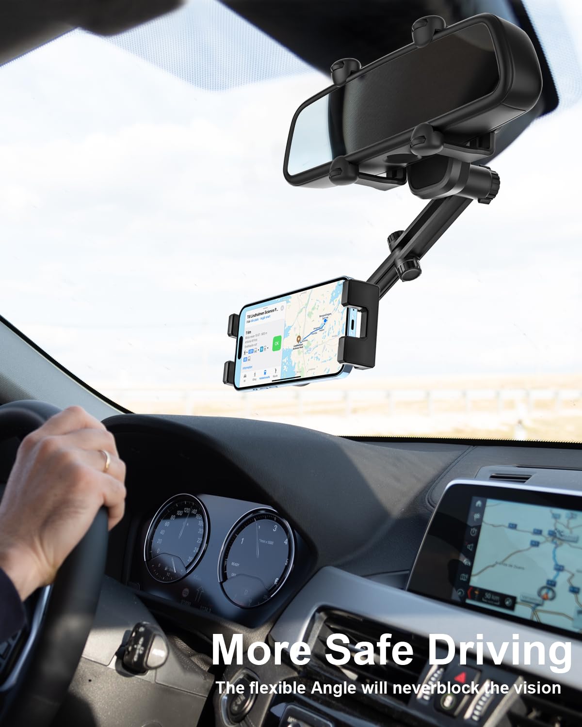 Woleyi Rear View Mirror Car Phone Holder - [Four Claws Anti-Shake] Cell Phone Mount For Car Rearview Mirror With Multifunctional 360° Rotatable & Retractable Universal Clip For Iphone 16 15 14 13 12 Pro Max