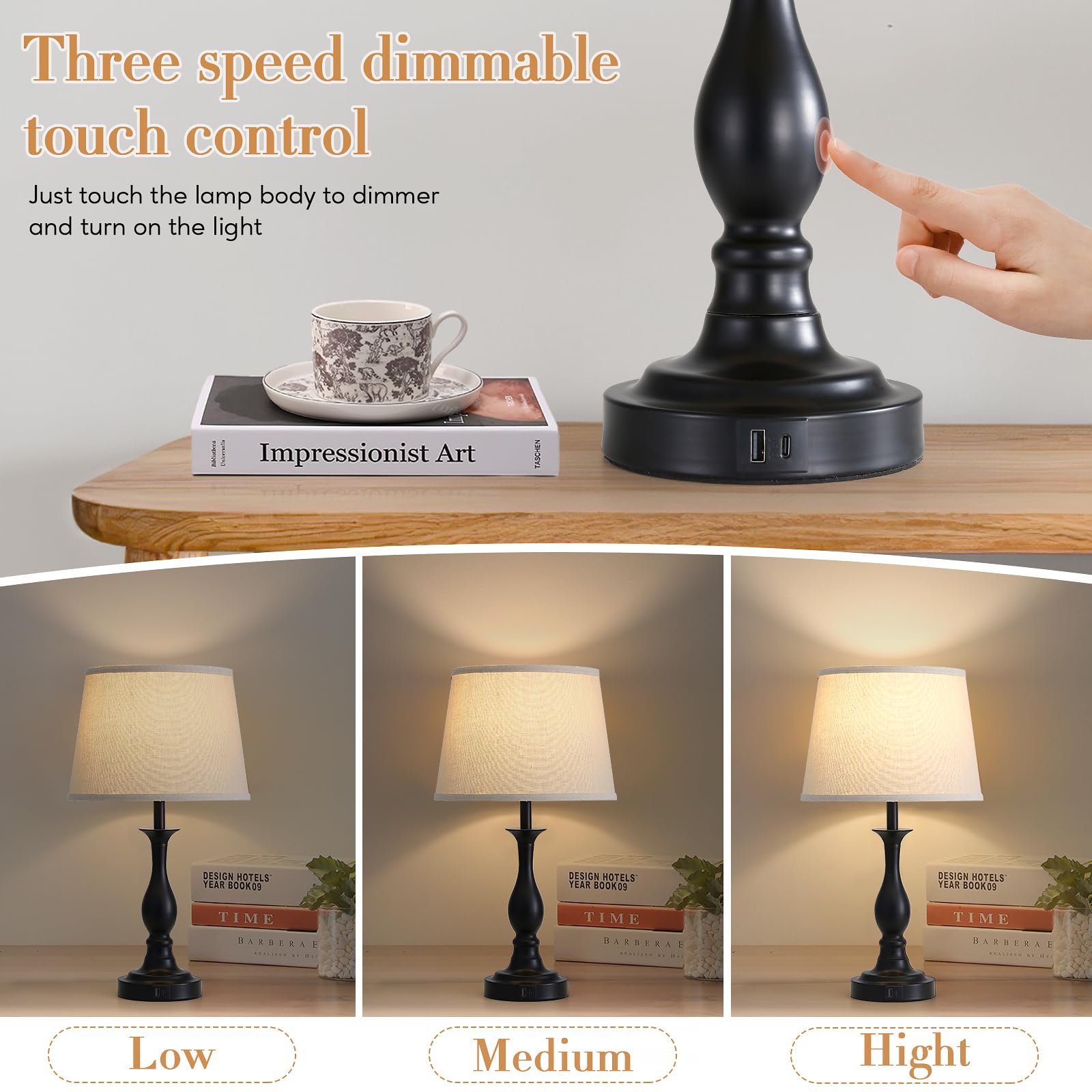 Lauag Bedside Table Lamp Touch Control Bedroom Lamps With Usb-C Usb-A Charging Port 3 Way Dimmable Touch Lamps For Nightstand Living Room Bedroom Dorm Home Office Reading, Set Of 2