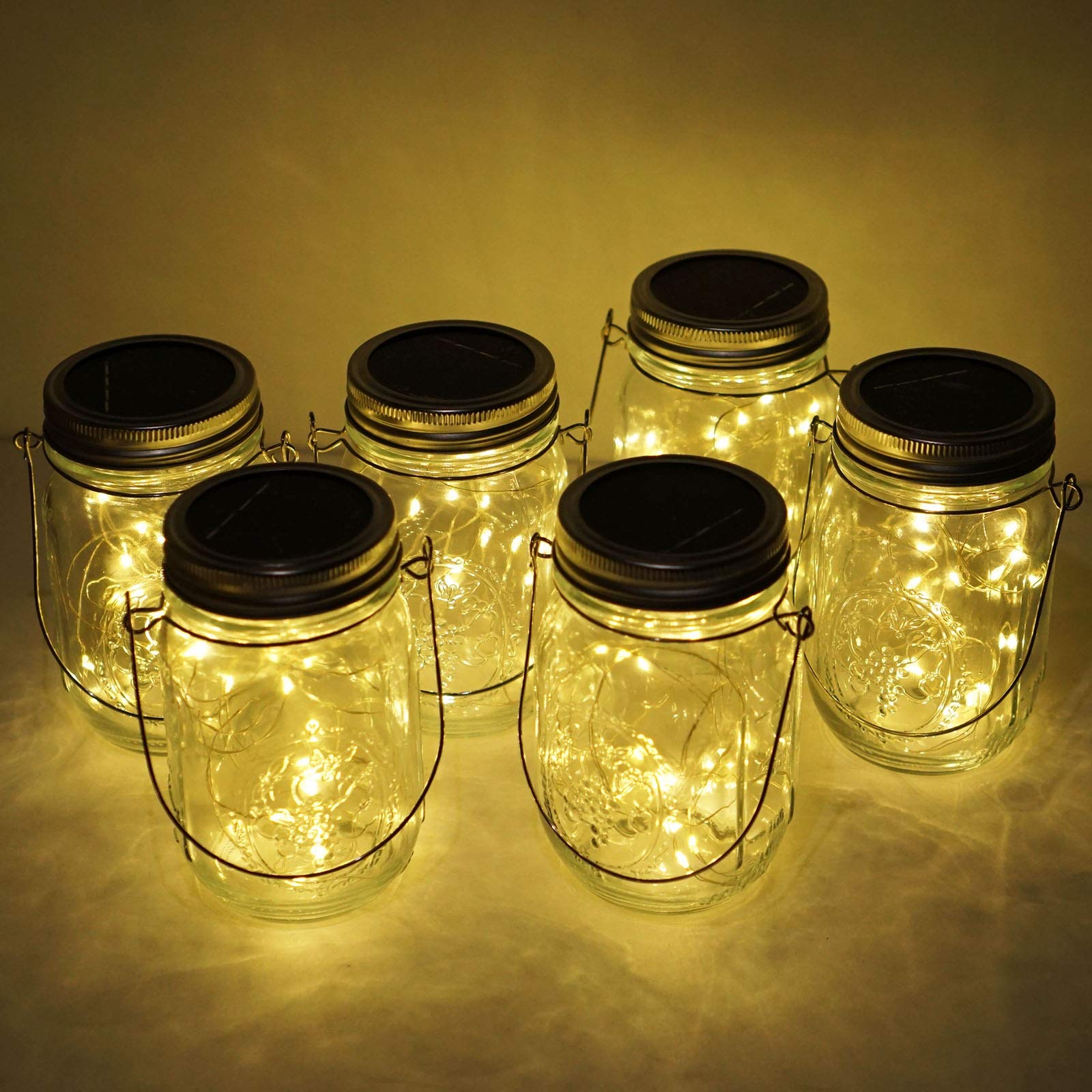 Cynzia Solar Mason Jar Lights, 6 Pack 20 Led Fairy String Lights With 6 Hangers (No Jars), Waterproof Firefly Lights Lantern For Outdoor, Wedding, Patio, Garden, Party, Christmas Decor (Warm White)