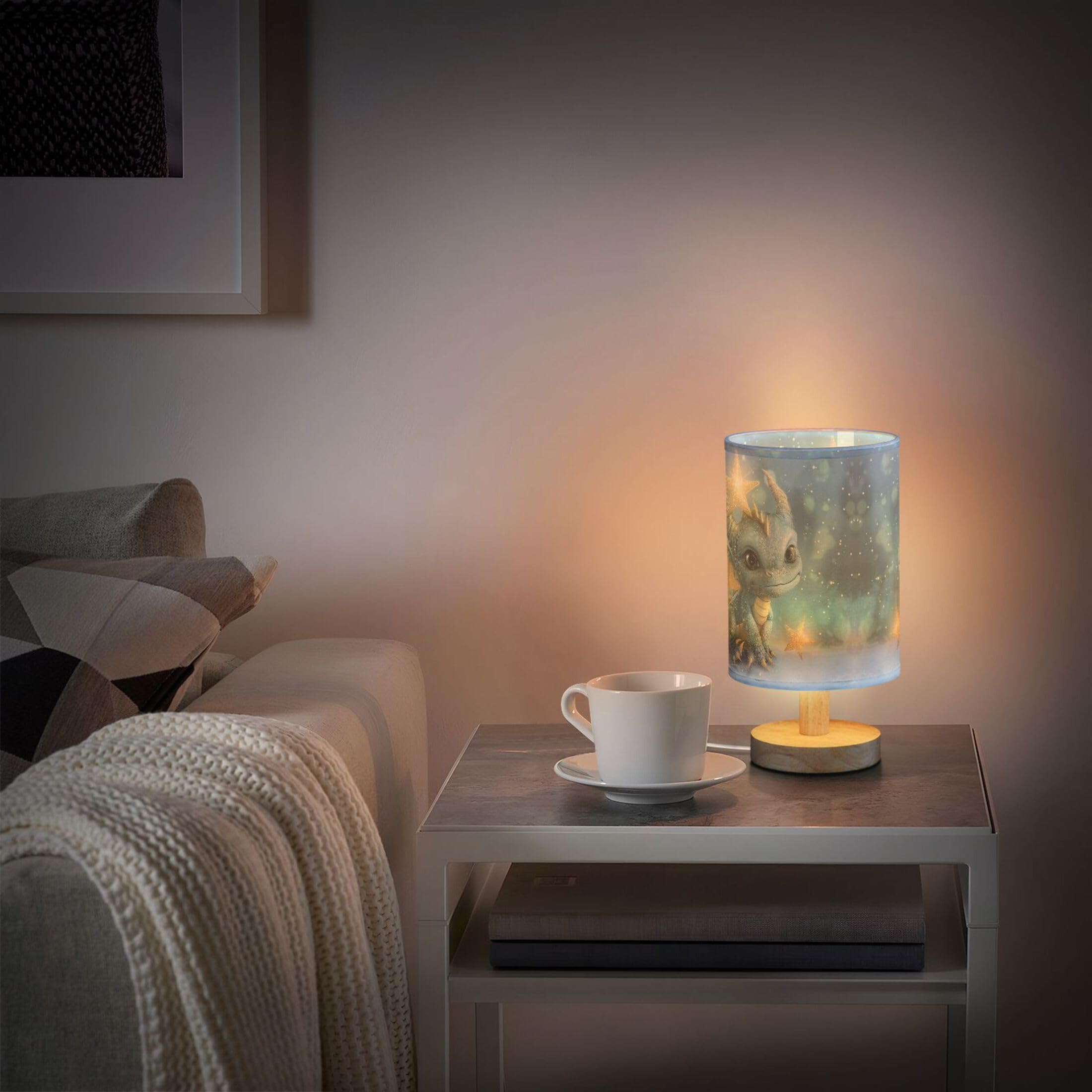 Yyzzh Table Lamp Watercolor Dragon Baby Animal Nightstand Lamp With Wood Base Fabric Lamp Shade Bedside Desk Lamp For Living Room Bedroom Kids Room Office