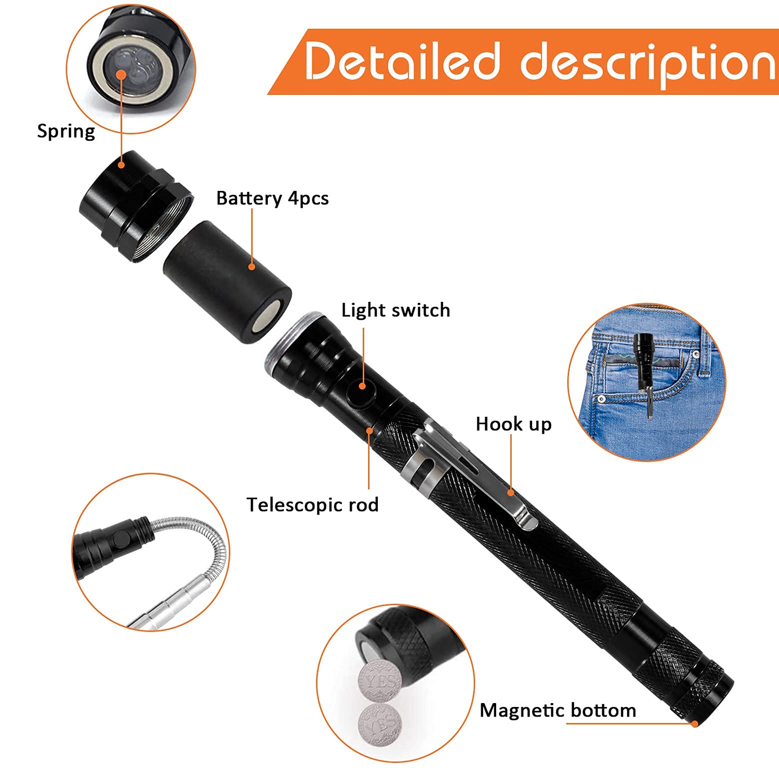 Kuchey Magnetic Flashlight  For Men Fathers Day Dad  For Dad Wife Daughter Son Stocking Stuffers For Men Adults Pickup Tool For Him Husband Cool Telescoping Gadgets With Led
