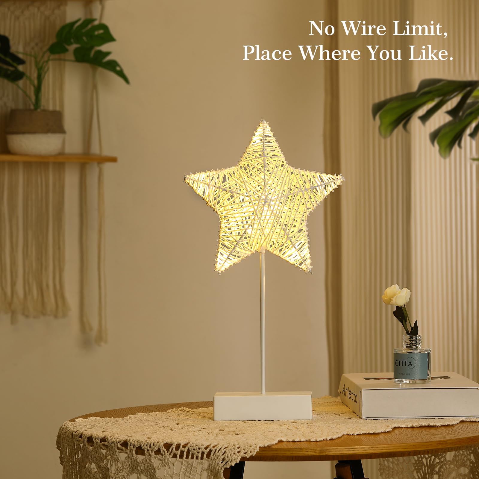 Lewondr Decorative Table Lamp, Christmas Star Night Lamp Winding Cotton Thread Warm Led Light Lamp For Bedroom, Battery Operated Lamp For Tables Cordless Xmas Home Romantic Bedside Table Lamp, White