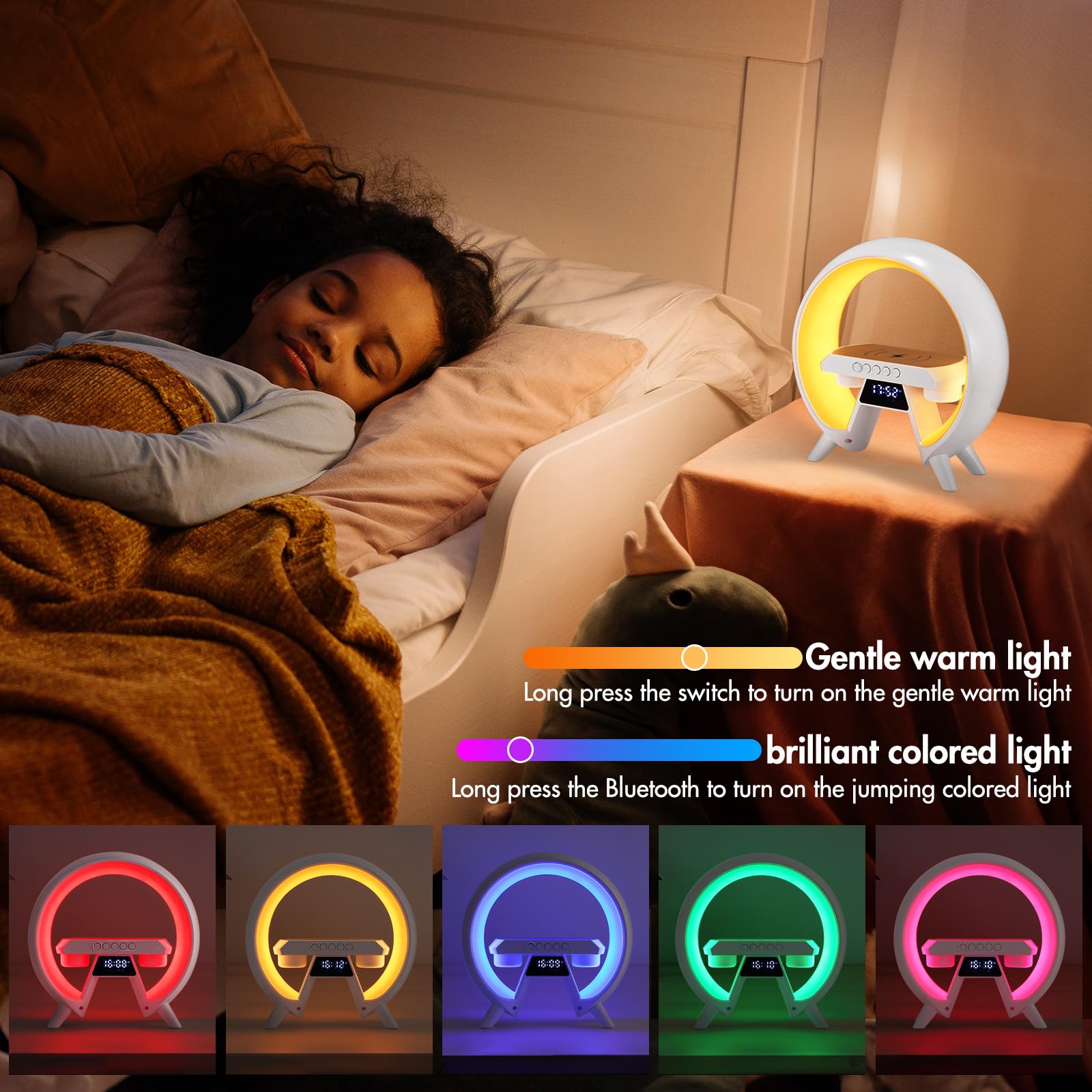 Kuidehacul Atmosphere Lamp With Wireless Charger, Table Lamp With Bluetooth Speakers, Time Display Alarm Clock, 15W Qi Wireless Charger And Hi-Fi Music, Dazzling Lights Bedside Lamp, Aux/Tf/Fm