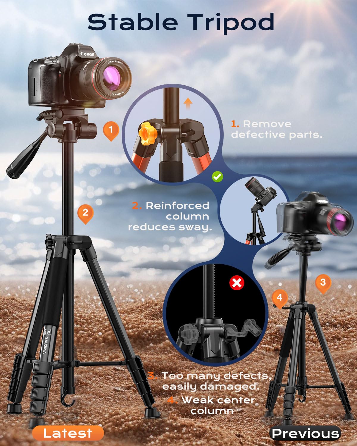 Jobfri 73" Camera Tripod Stand, Aluminum Tripod With Phone Holder, Travel Bag, Compatible With Gopro/Dslr/Cell Phone/Camcorder, Max Load 8.8Lb (Black)