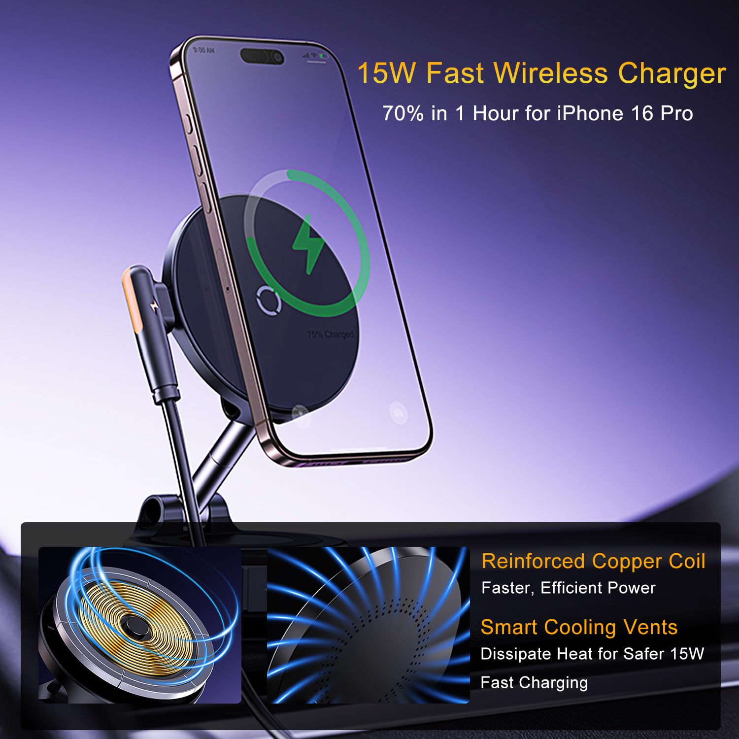 Jkoailiwi 15W Wireless Charger Vacuum Magnetic Phone Holder For Magsafe, 360° Adjustable Suction Cup Phone Mount For Car Dashboard/Windshield, Vacuum Magnet Stand For All Smartphones