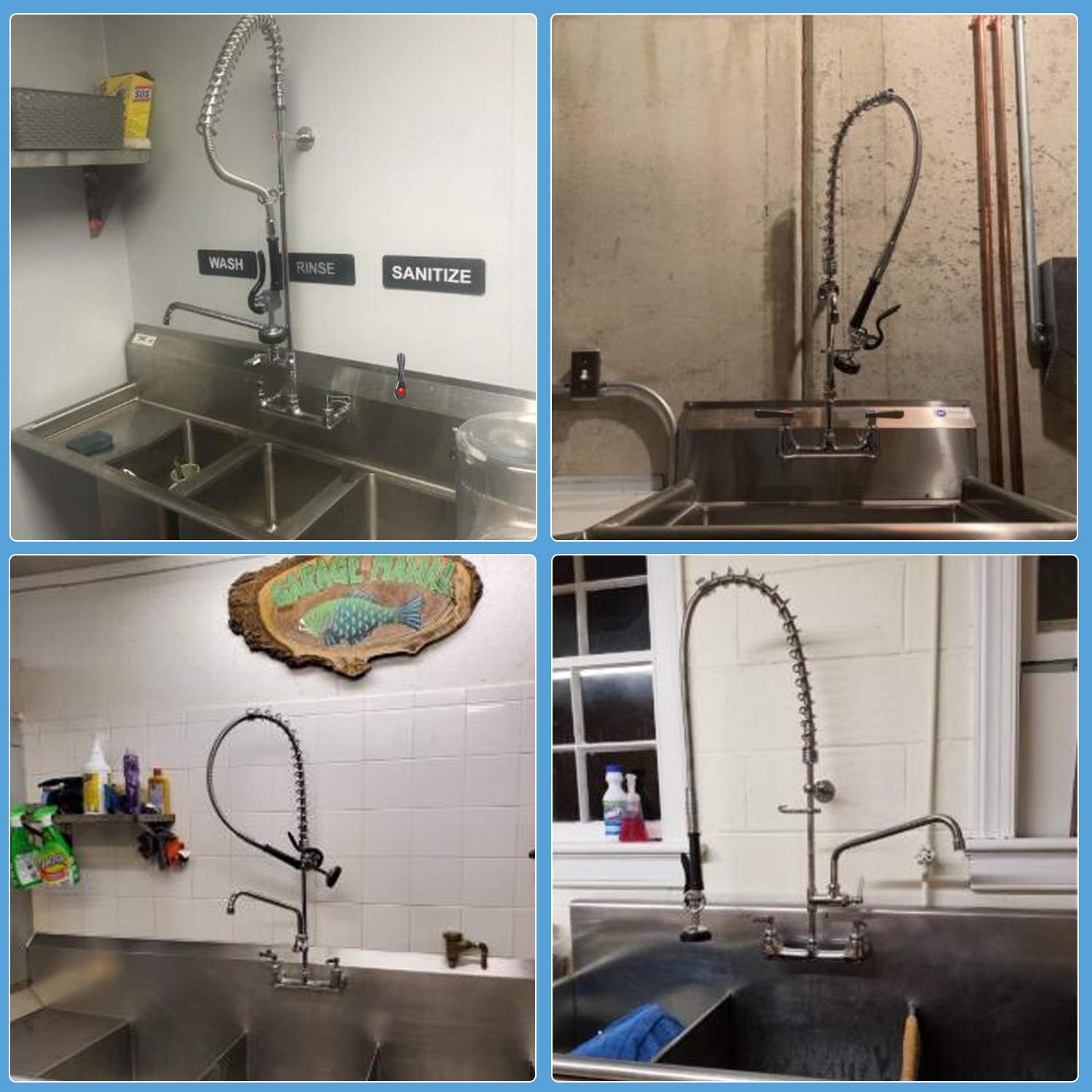 Kwode Commercial Sink Faucet With Pre-Rinse Sprayer 8 Inch Center Wall Mount Kitchen Faucet 25” Height Compartment Sink Faucet With 12” Swivel Spout For Restaurant Industrial, Brass Chrome Finish