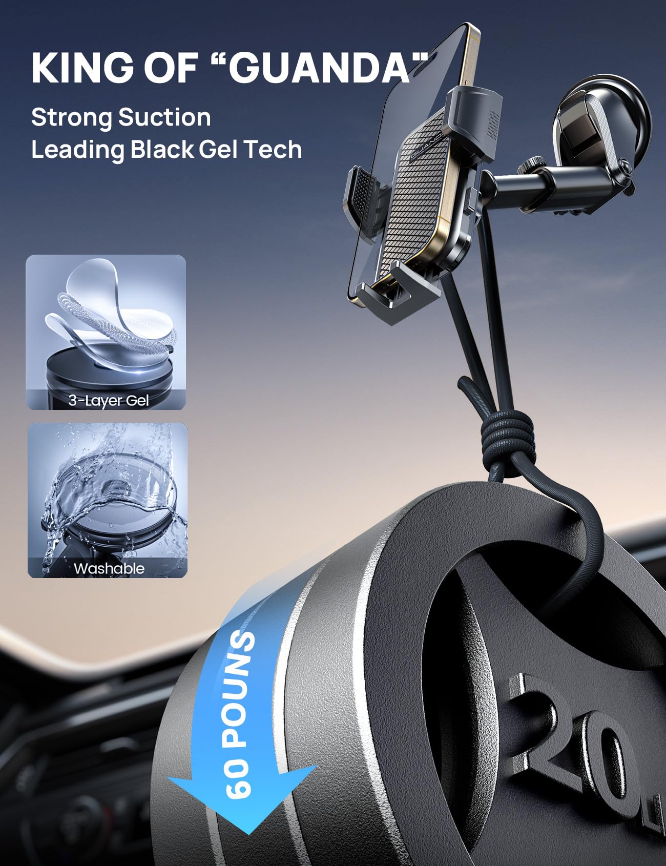 Guanda Technologies Co., Ltd. Adjustable Windshield Phone Mount For Car, Suction Cup Dashboard Holder For All Cell Phone, (+Vent Hook) [Military Grade Stable], Non-Slip Silicone Carbon Fiber, (Black)
