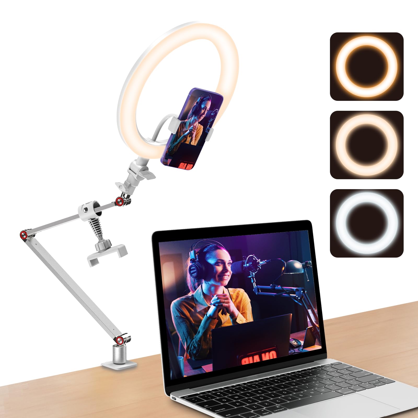 Miao Lab Usb 10' Ring Light For Desk With Stand And Phone Holder, Ring Light With Overhead Camera Mount And Adjustable Desk Arm Stand For Photography,Makeup, Zoom Calls, Youtube Videos（White）