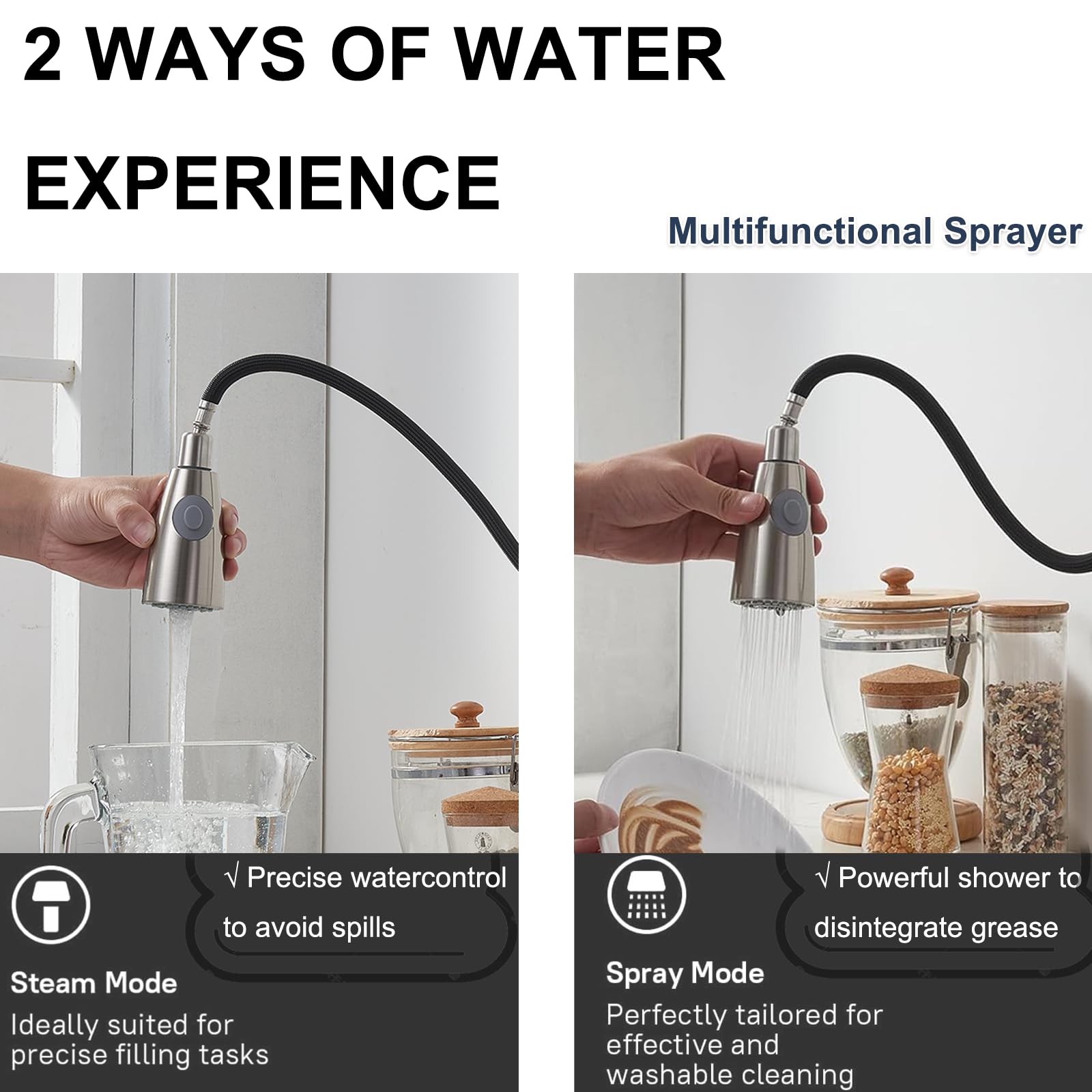 Friho Brushed Nickel Kitchen Faucet With Pull Down Sprayer, Modern Single Handle Stainless Steel Pull Out Spring Kitchen Sink Faucets With Deck Plate For Camper Rv Bar