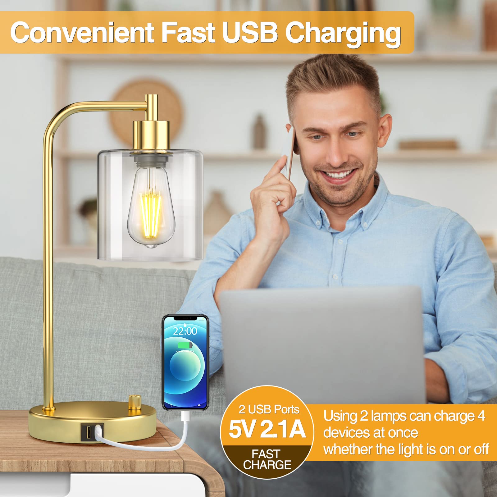 Cnxin 16.5" Gold Industrial Table Lamps For Bedrooms With 2 Usb Ports, Fully Stepless Dimmable Modern Nightstand Lamps Set 2, Small Lamps For Living Room Side Table, Bulbs Included
