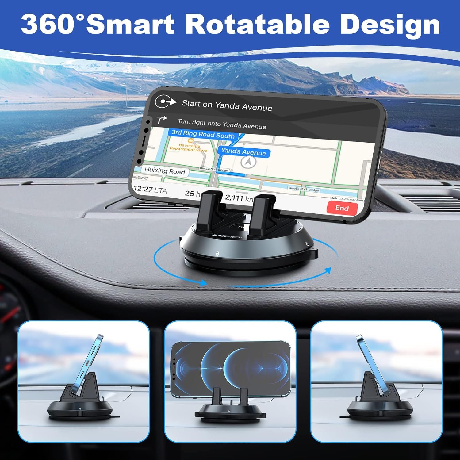 Meidi Dashboard Phone Holder, Car Phone Holder Mount, Removable Car Cell Phone Cradle, 360°Rotatable Car Mat Compatible With Iphone,Samsung,Android Smartphones