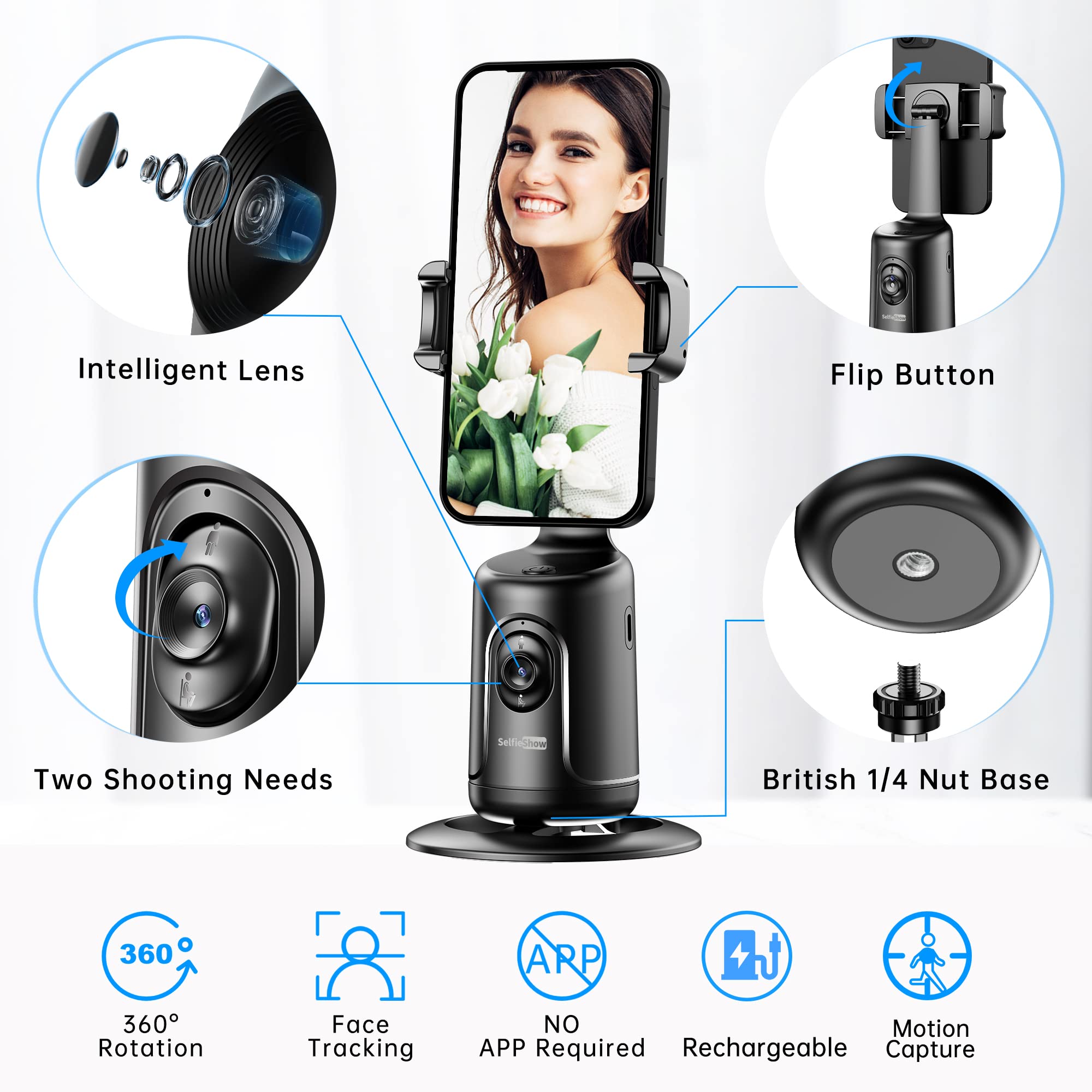Selfieshow Auto Tracking Phone Holder, Auto Face Tracking Tripod, Portable All-In-One Smart Selfie Stick 360 Rotation Fast Face & Object Tracking Cameraman Robot Mount For Phone Video Vlog Live Streaming(Black)