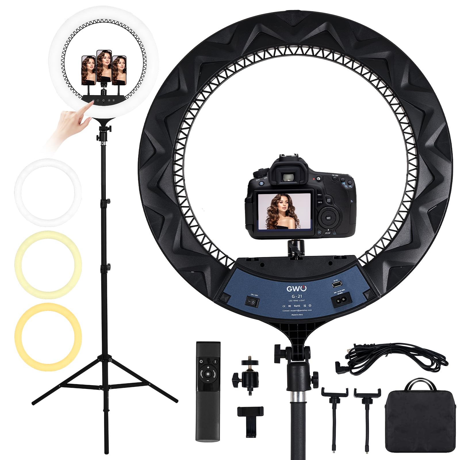 Gwo 21 Inch Led Ring Light With Tripod Stand 6000K Dimmable Makeup Selfie Light With Touch Panel Phone Holders For Youtube Vlog Video Shooting Include Carrying Bag And Remote Control Cri90