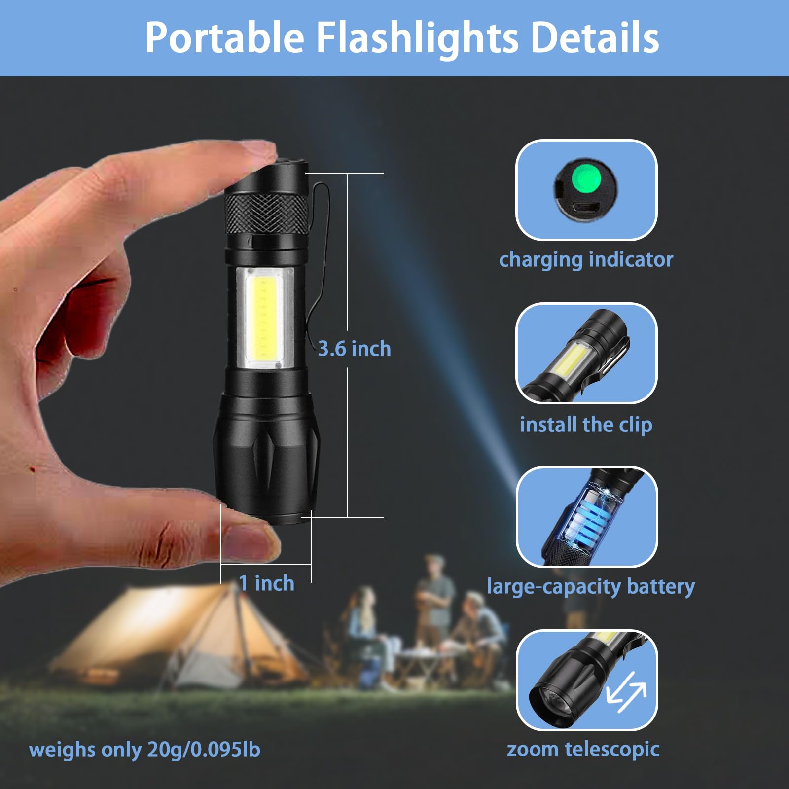 Yodanceleaps Rechargeable Handheld Flashlights Portable Mini Pocket Super Bright Flash Light Strong Led Flash Light With Side Cob Work Light For Camping Hiking Home Outdoor (Black)