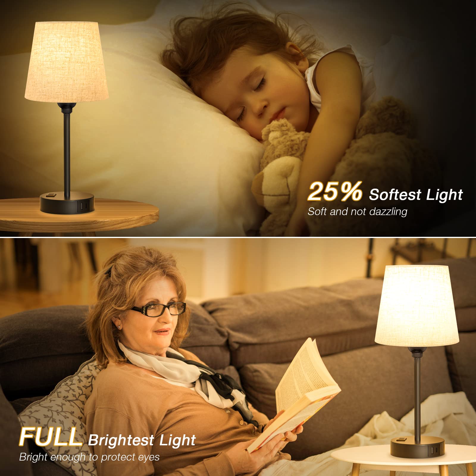Acaxin Mini Bedside Lamps For Bedrooms Set Of 2 - Nightstand Bedroom Lamps With Usb C Port And Ac Outlet Charging, Dimmable Touch Small Bed Side Table Lamp, Black Night Stand Light For Kids/Guest Room