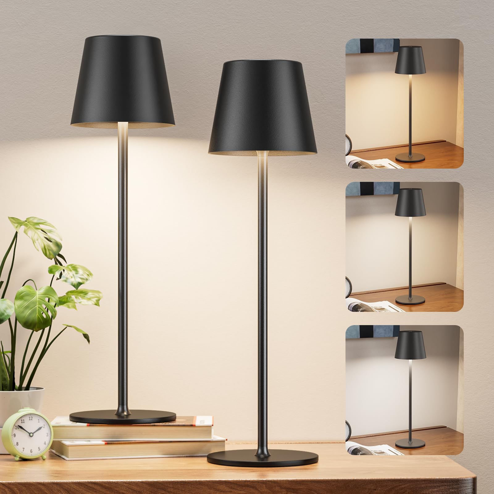 Kakanuo Cordless Table Lamp Rechargeable Black - Kk 2 Pack 5000Mah Battery Operated Lamp For Counter, 3 Color Stepless Dimming Waterproof Led Wireless Lamp For Dining Kitchen, Outdoor Patio, Touch Control
