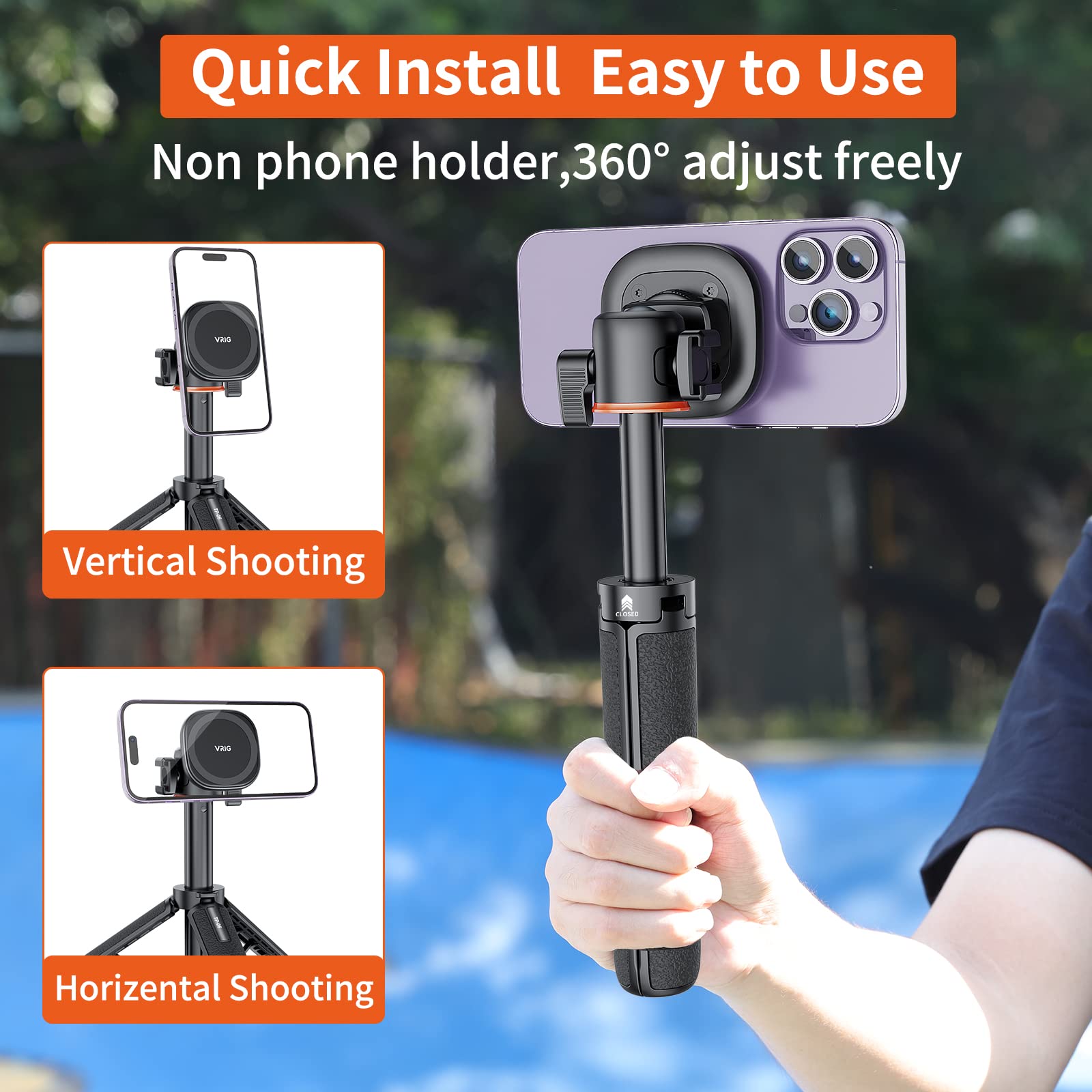 Vrig Express Magnetic Tripod, 21.6" Extendable + 1/4" Mount + Ring, Cell Phone Stand For Iphone 14, 13, 12 & All Phones & Cases