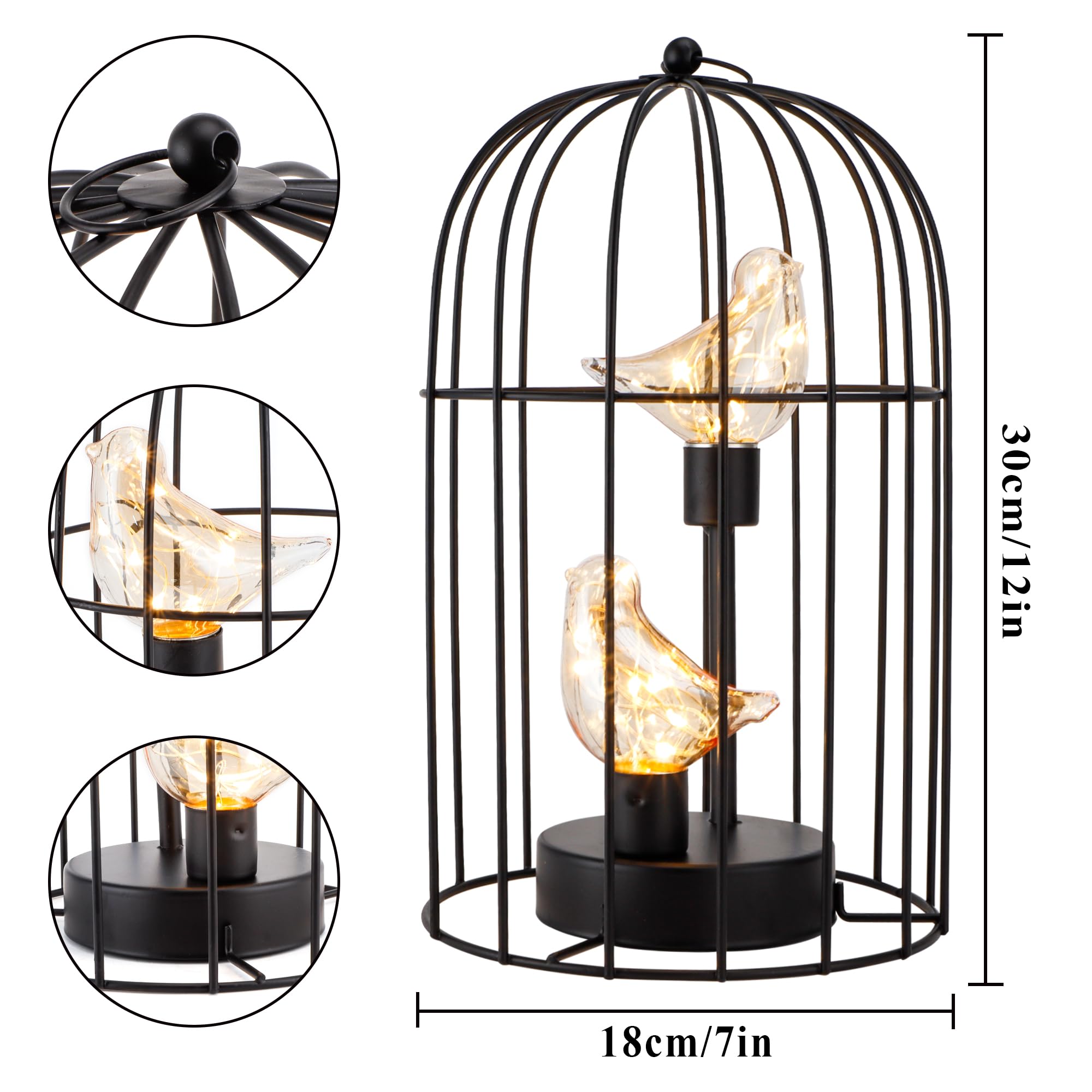 Jhy Design Birdcage Decorative Lamp Battery Operated 12" H Cordless Table Lamp With Warm White Fairy Lights Bird Bulb For Indoor Bedroom Living Room Home Wedding Xmas(Black)
