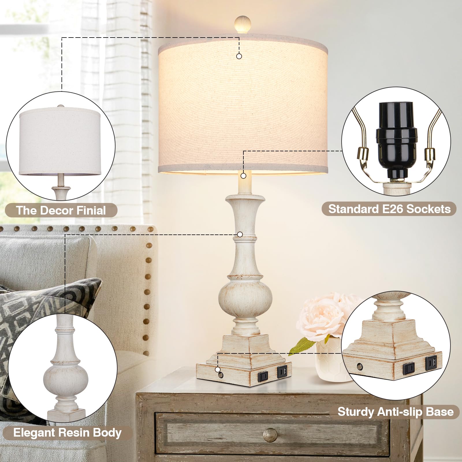 Lolikit 26" Farmhouse Table Lamp, Vintage Rustic Touch Control Bedside Lamp With 2 Usb Ports & Ac Outlet, Boho Resin 3-Way Dimmable Nightstand Lamp Linen Fabric Shade For Living Room Bedroom End Table White