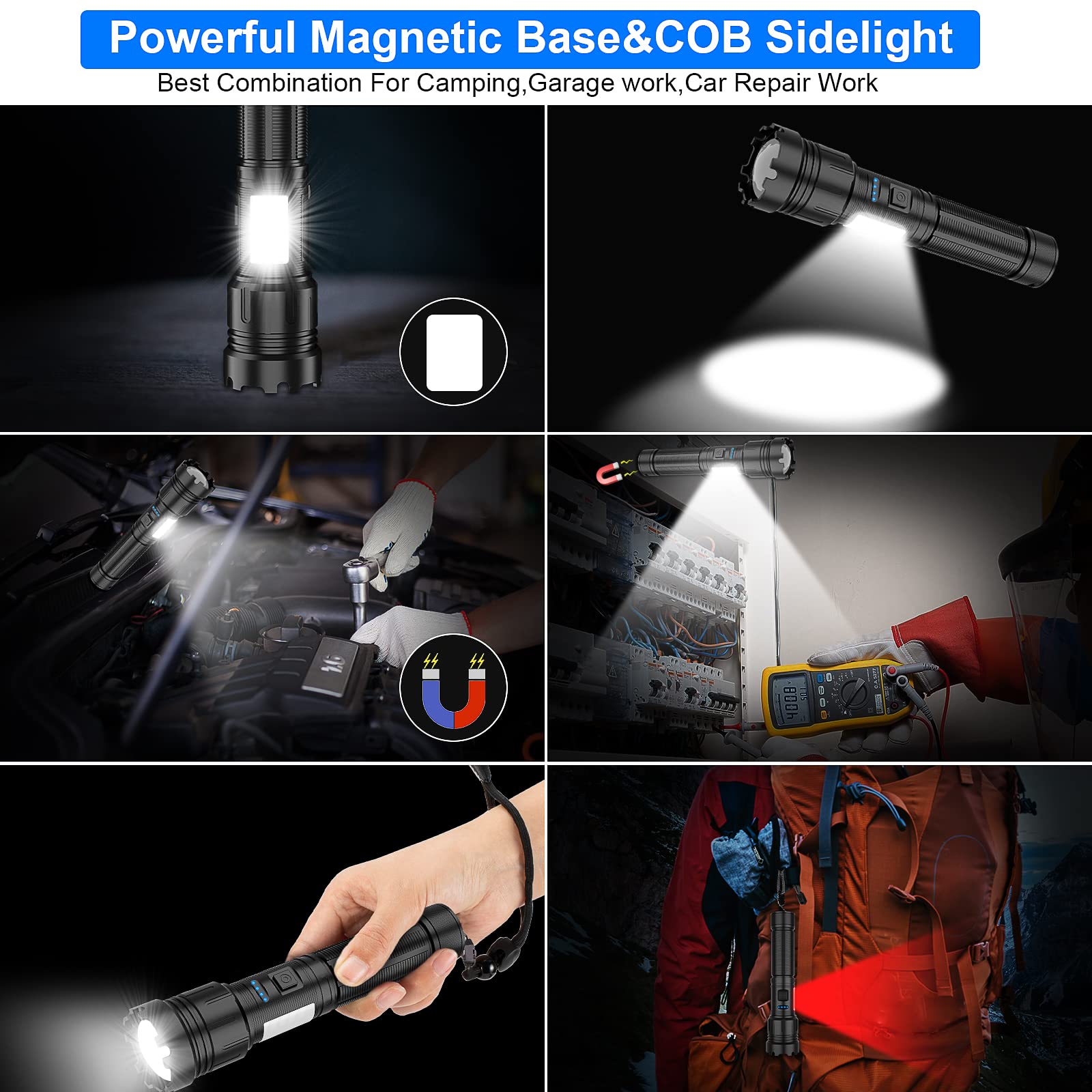 Netcan Flashlight High Lumens Rechargeable, 10000 Lumen Led Flashlights Xhp50.2 Usb Super Bright Flash Light, High Powered Handheld Magnetic Flashlights For Emergencies, 7 Modes, Waterproof, Zoomable, 2 Pack