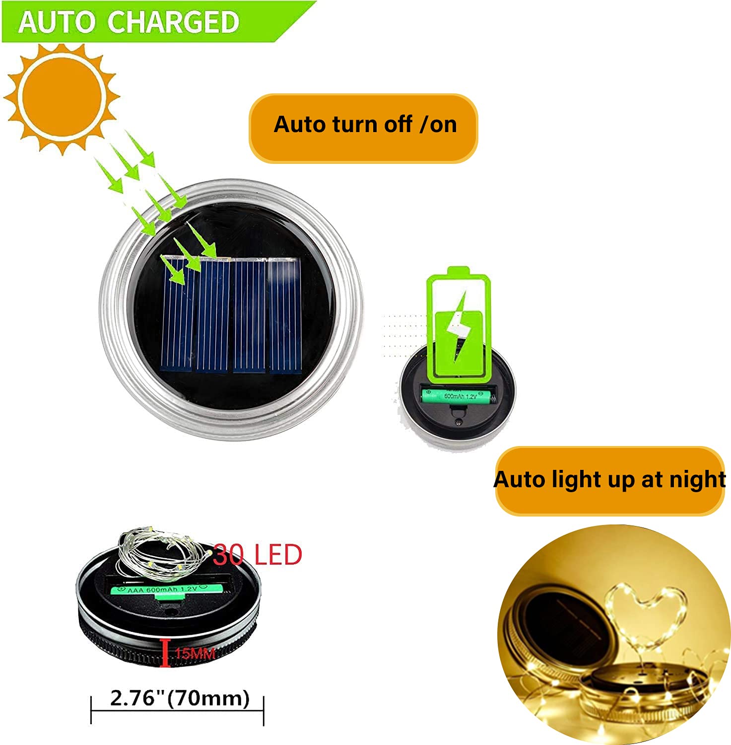 Yeuago Solar Mason Jar Lid Lights 12 Pack 30 Led Firefly Fairy String Lights, Waterproof Outdoor Solar Lights With Hangers For Regular Mouth Jars (No Jars Included)