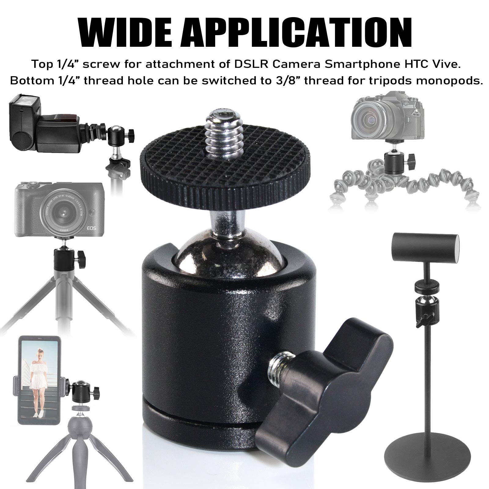 Exmax Mini Ball Head 360 Degree Aluminum Alloy Body Rotating Swivel Mini Tripod Ball Head With 3/8" To 1/4" Screw Adapter For Dslr Camera Camcorder Tripods Monopods Light Stand Bracket