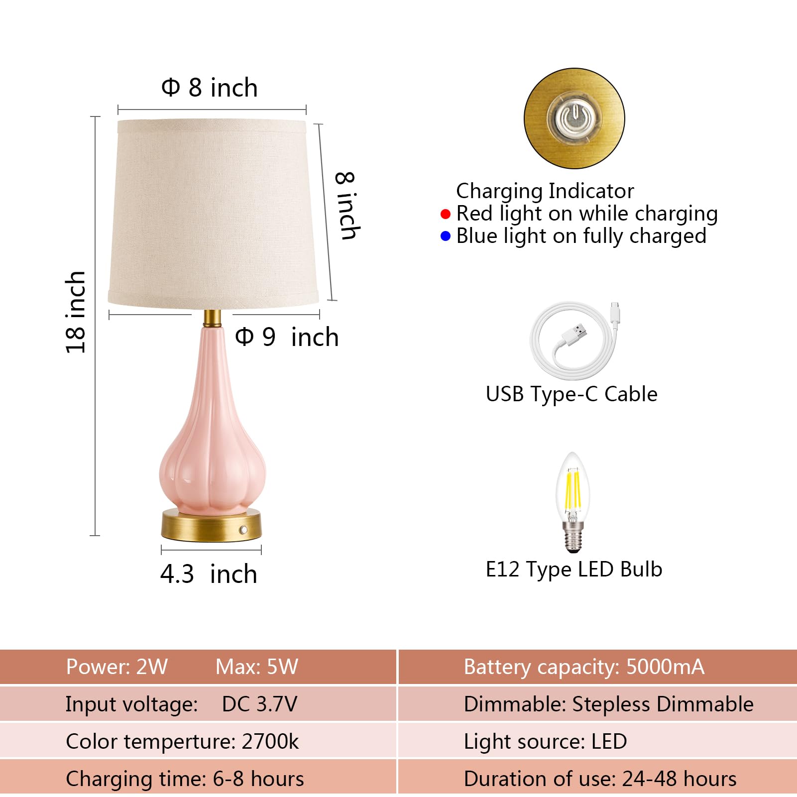 Roriano 2 Pack Cordless Portable Table Lamp, 5000Mah Rechargeable Battery Operated Lamps, Touch Control Stepless Dimmable Night Light Table Lamps For Dining Room, Bedroom, Bedside, Restaurant (Pink)