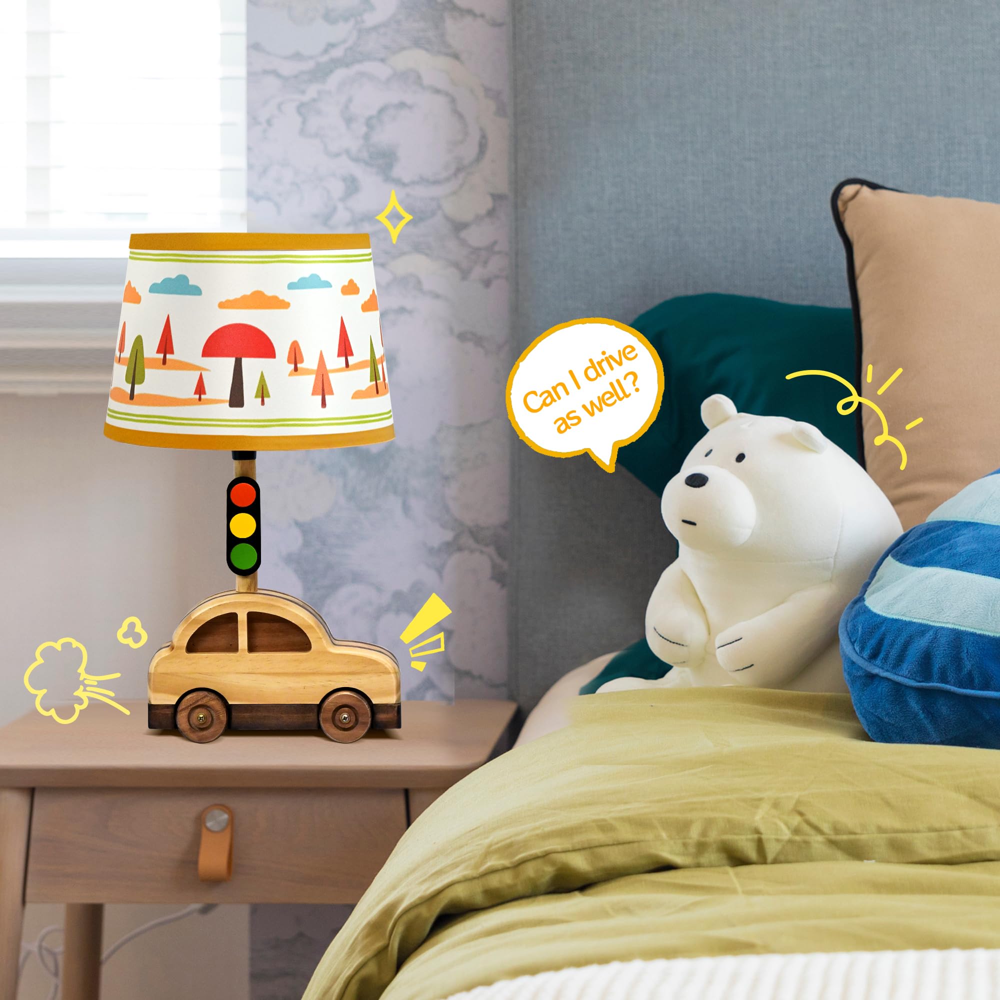 Crossmoon Kids' Dimmable Table Lamp, Ul/Etl Child Safe Natural Wood Car Stoplight Creative Design, 15 Inch Tall Handmade Small Nursery Lamp, For Toddler Boys Girls (Car)
